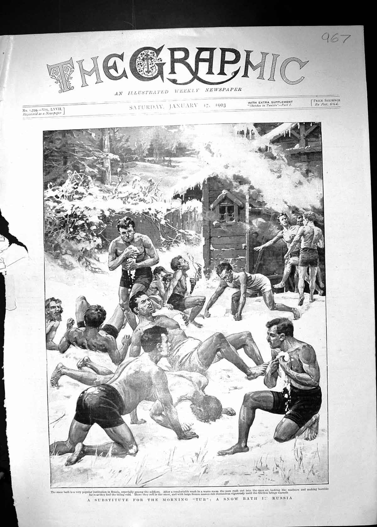 Original Old Antique Print 1903 Snow Bath Russia Siers Substitute Morning Bath