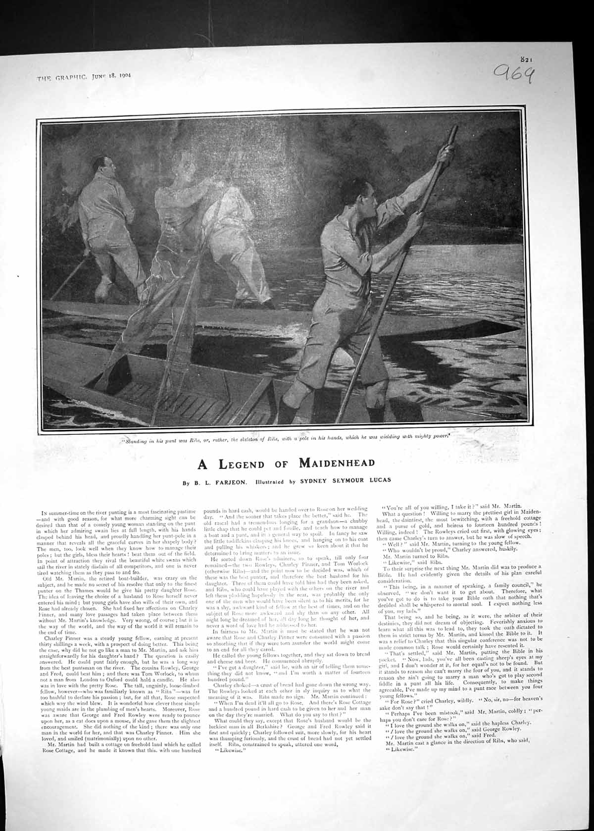 Old Print 1904 Story Illustration Men Sea Boat Legend Maidenhead Farjeon 20th