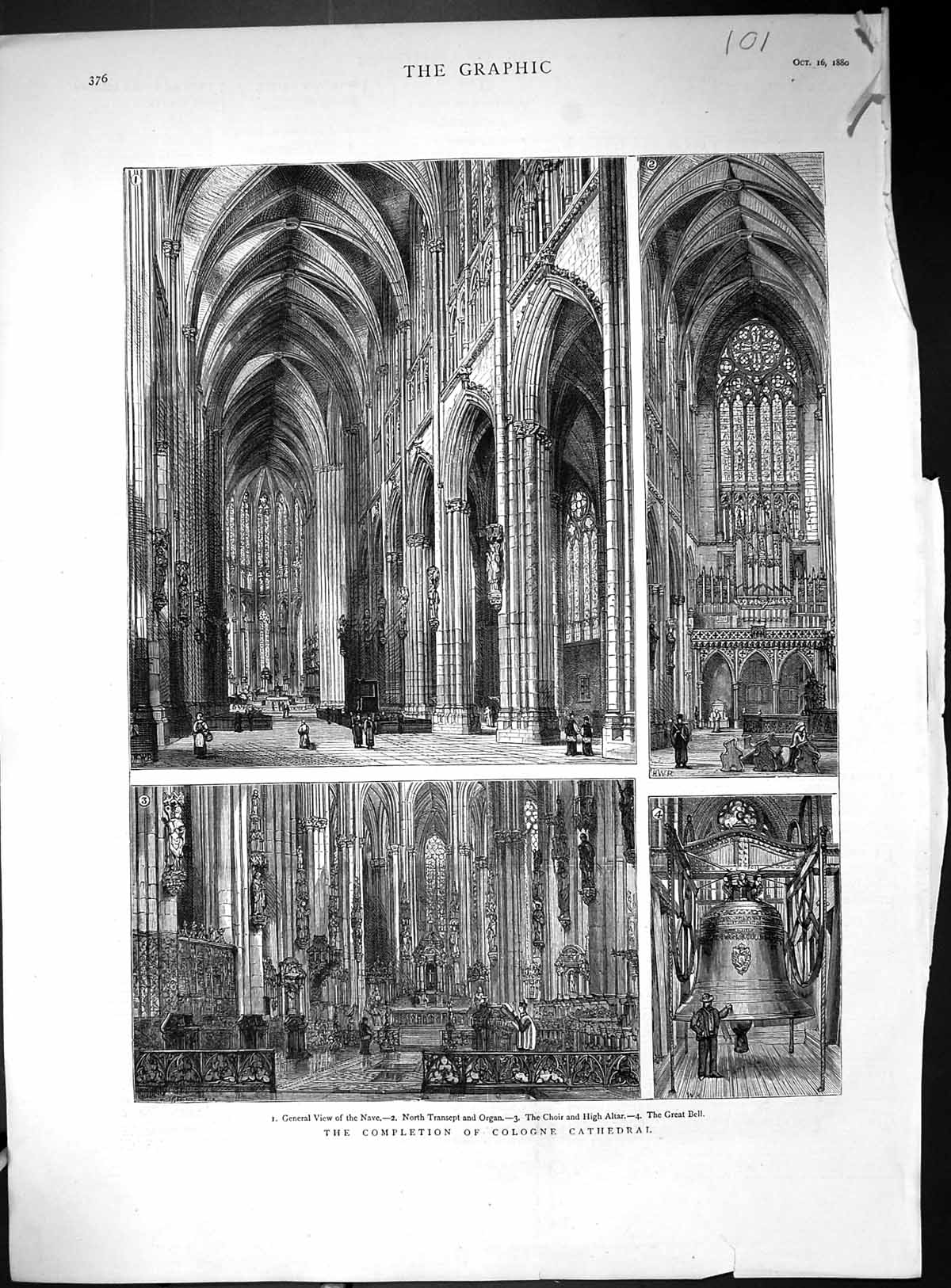 Antique Old Print 1880 Cologne Cathedral Choir Altar Organ Great Bell Nave 19th