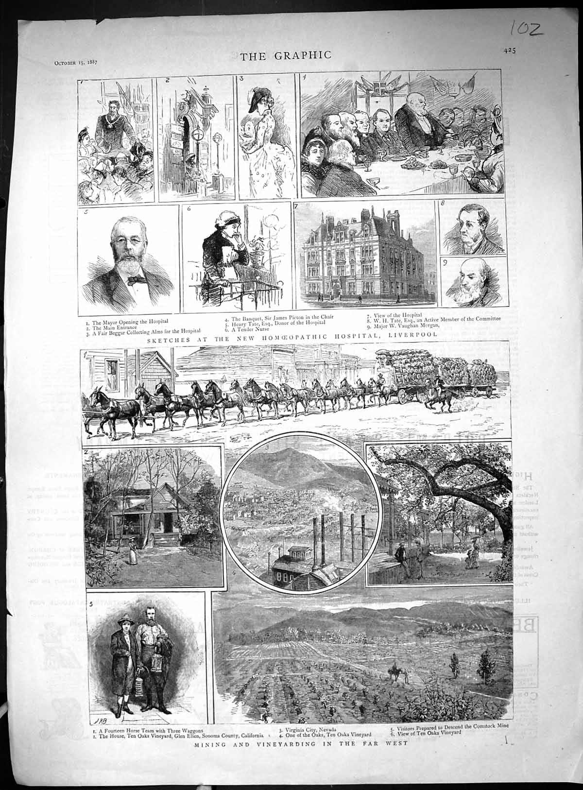 Antique Print 1887 Mining Ten Oaks Vineyard Ellen California Comstock Mine 19th
