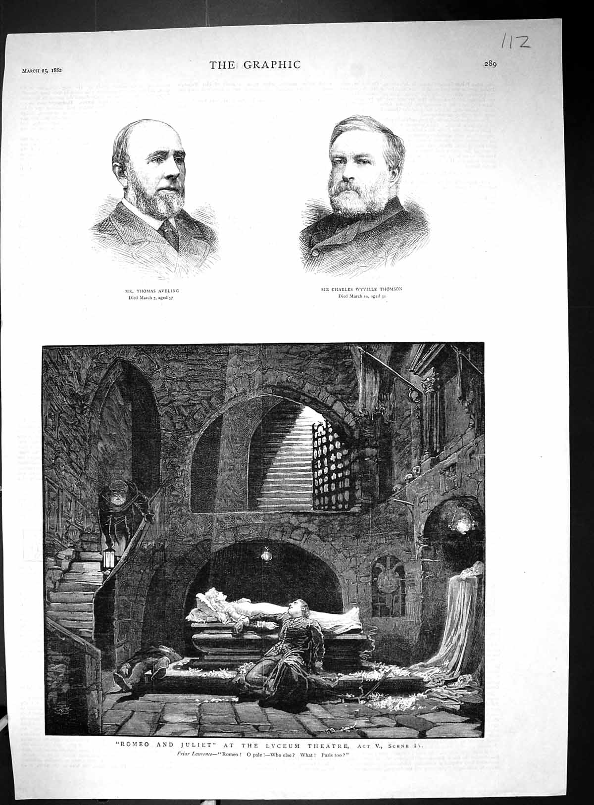 Old Print 1882 Romeo Juliet Lyceum Theatre Thomas Aveling Charles Thomson 19th