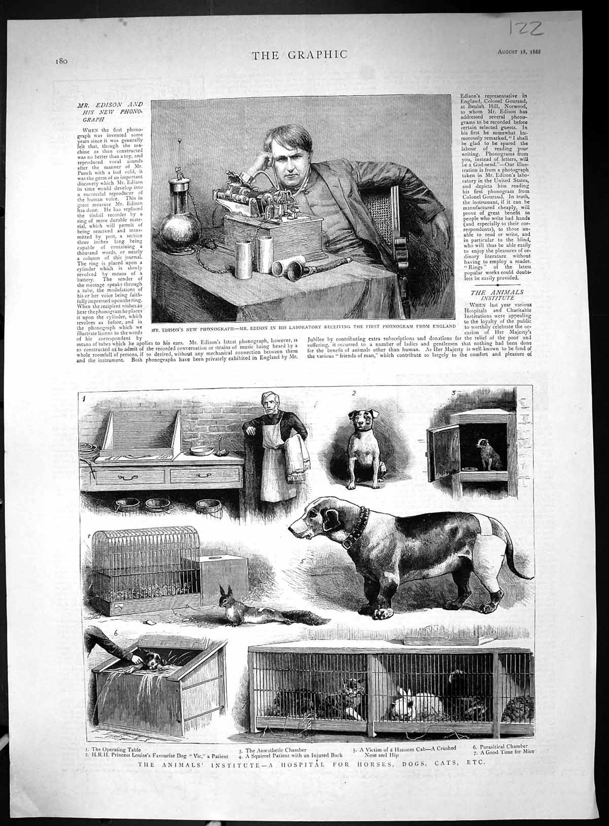 Old Print 1888 Edison Phonograph Laboratory Hospital Horses Dogs Animals 19th