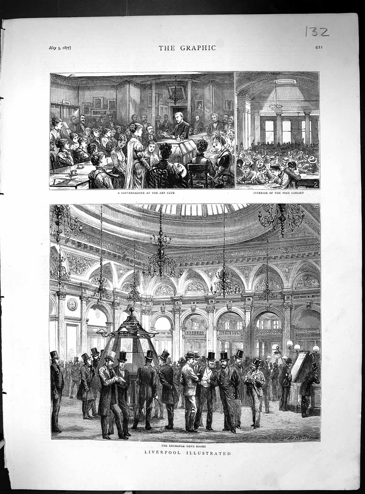 Antique Old Print 1877 Liverpool Exchange Rooms Free Library Art Club England