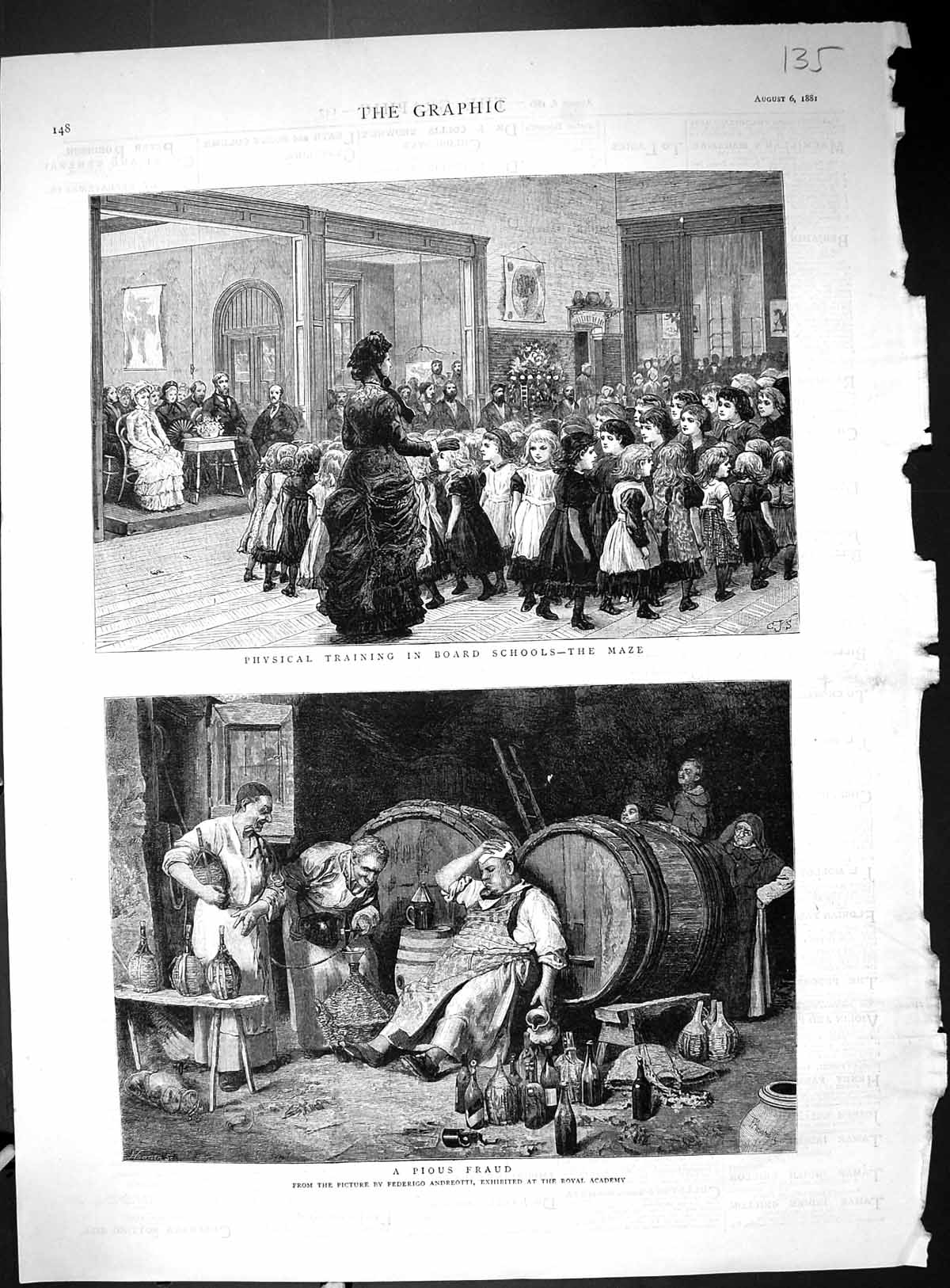 Antique Print 1881 Pious Fraud Beer Barrels Physical Training Board Schools