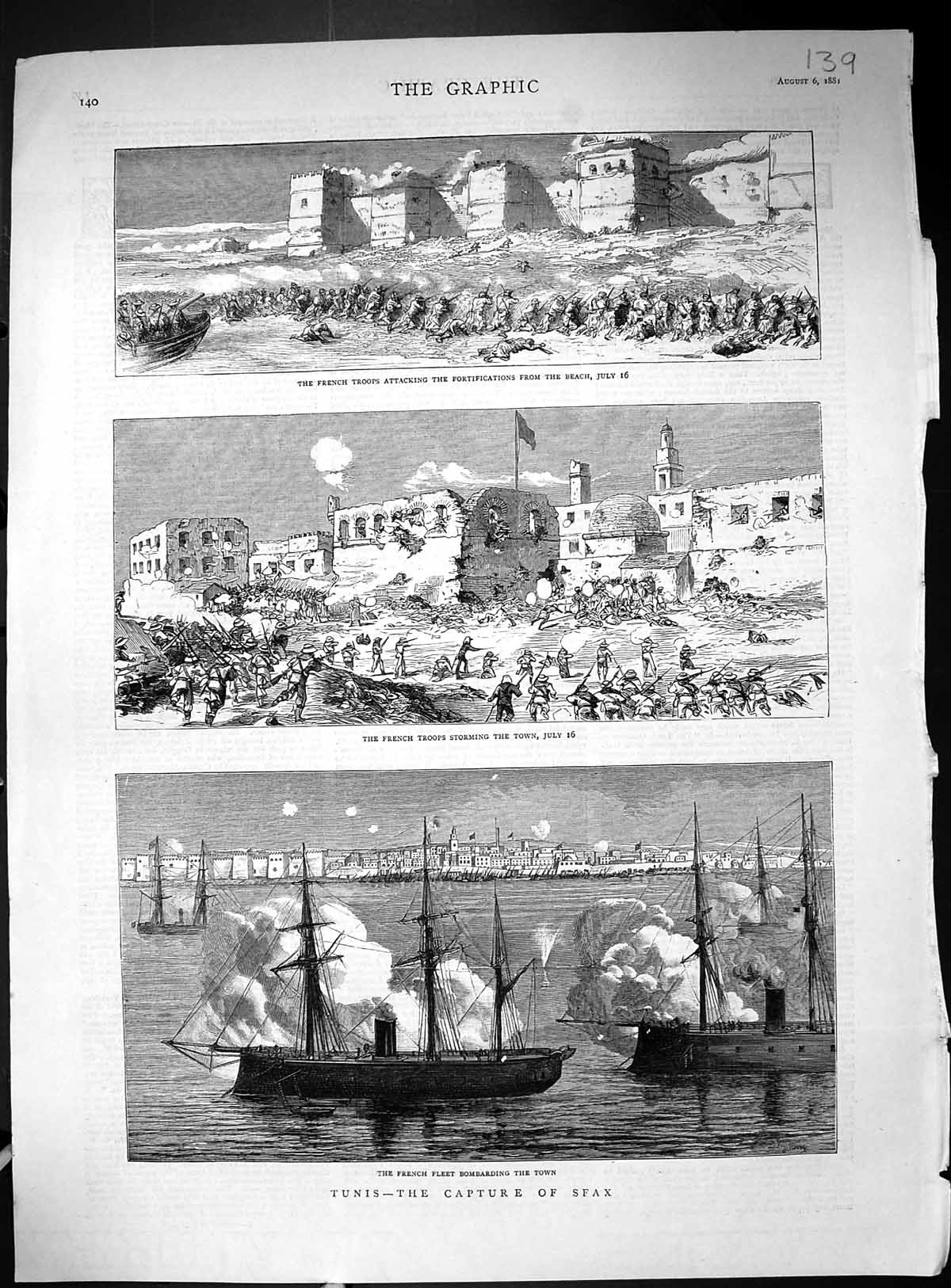 Antique Print 1881War Tunis Capture Sfax French Ships Fortifications Ships 19th