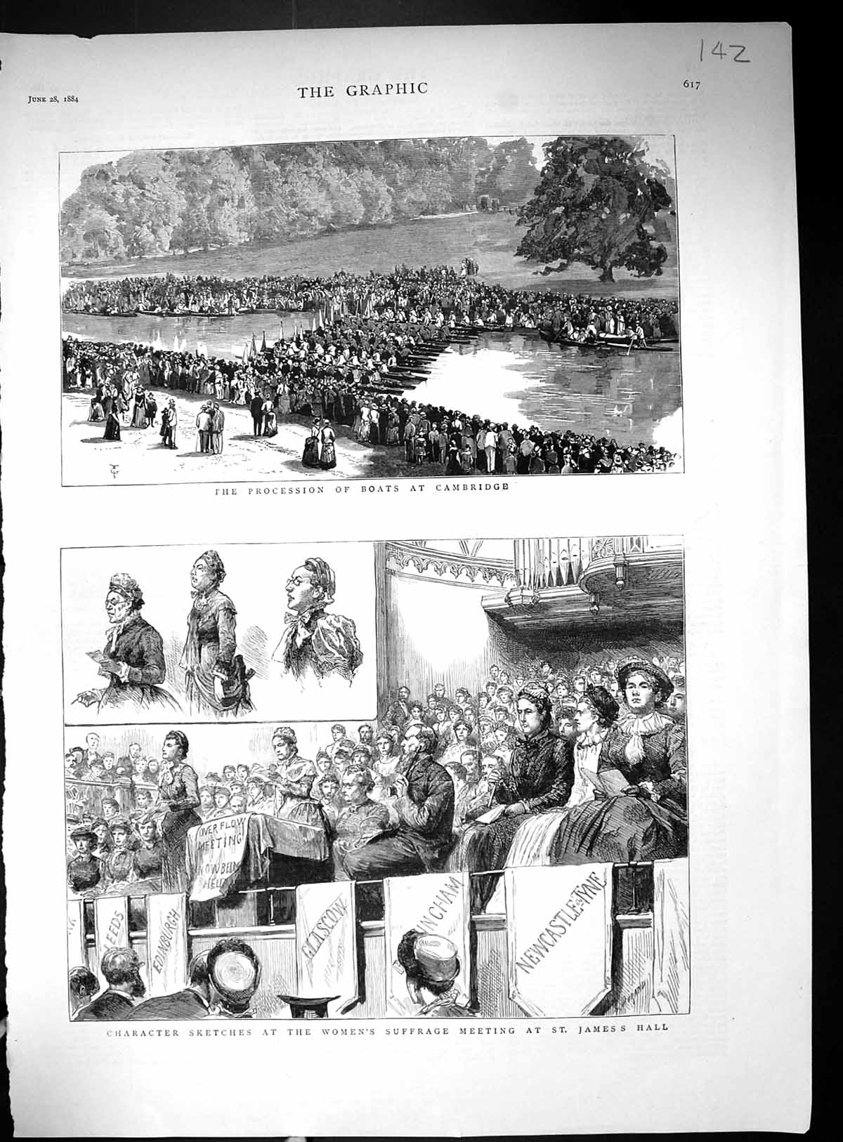 Old Print 1884 Women'S Suffrage Meeting St. James'S Hall Boats Cambridge 19th