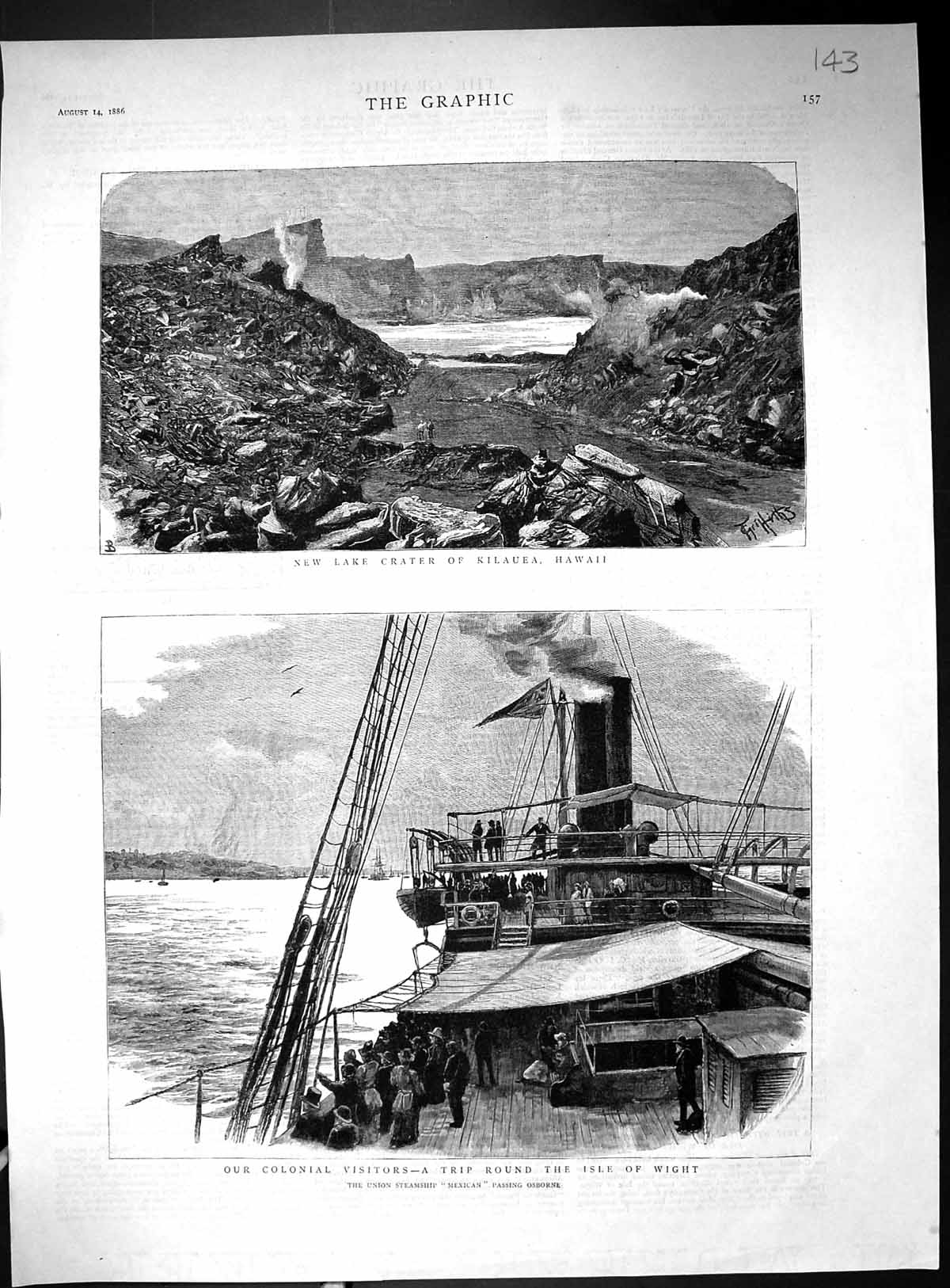 Old Print 1886 Lake Crater Kilauea Hawaii Ship Mexican Osborne Isle Wight 19th