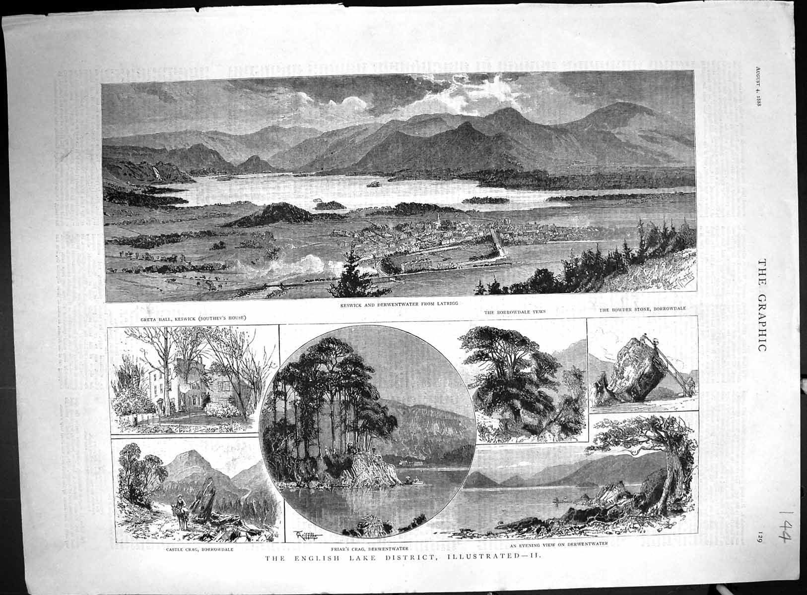 Old 1888 England Lake District Keswick Derwentwater Greta Hall Borrow Victorian