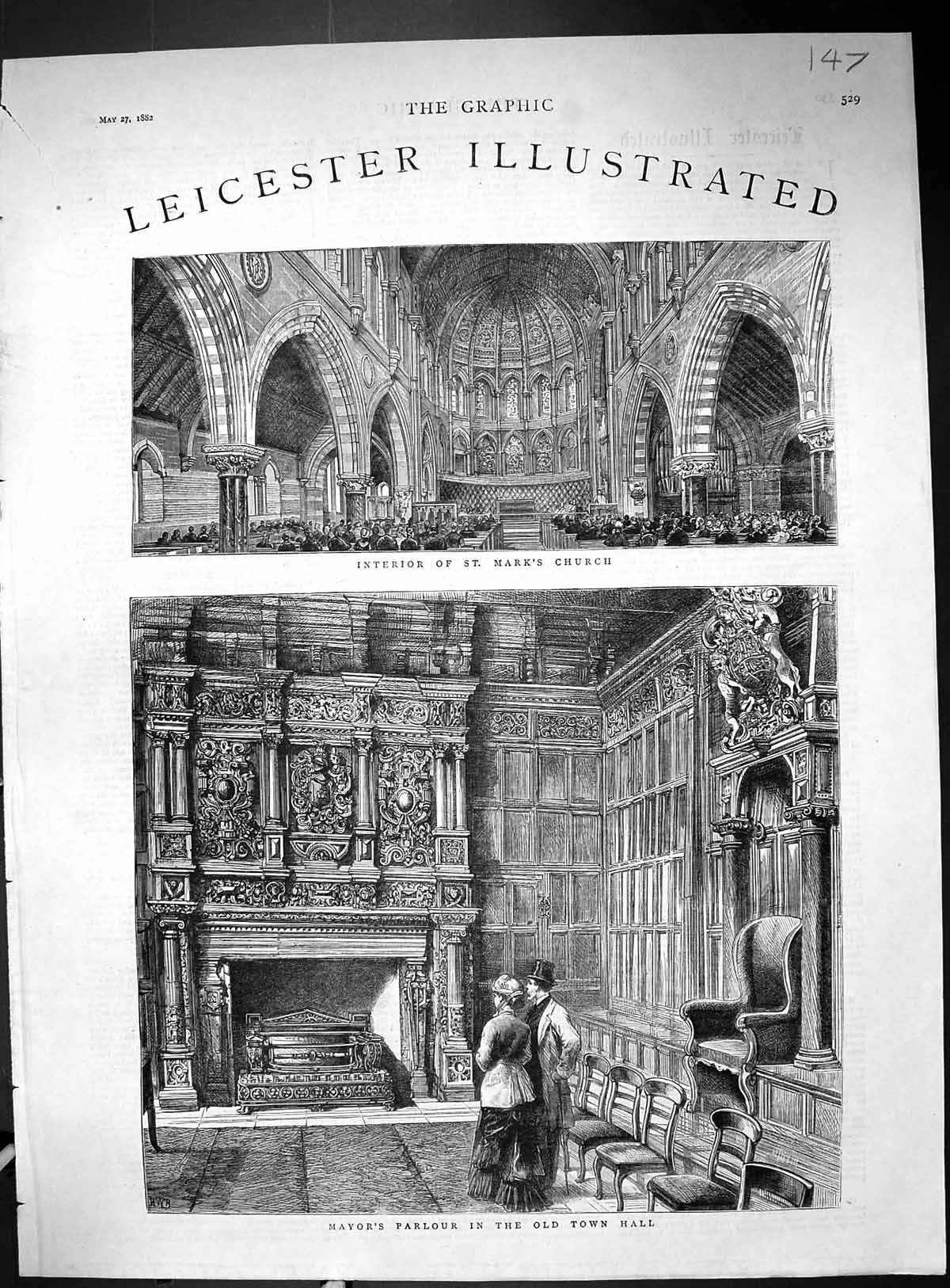 Old Print 1882 Leicester Interior St. Mark'S Church Mayor'S Parlour Hall 19th