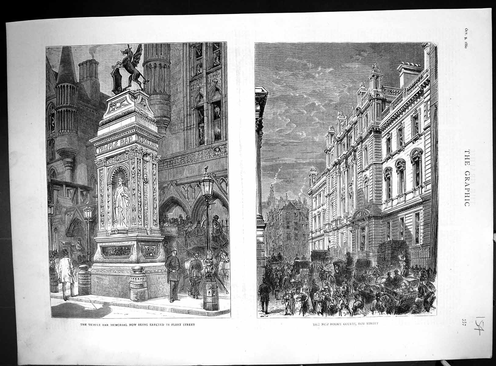 Old Print 1880 Temple Bar Memorial Fleet Street Police Courts Bow London 19th