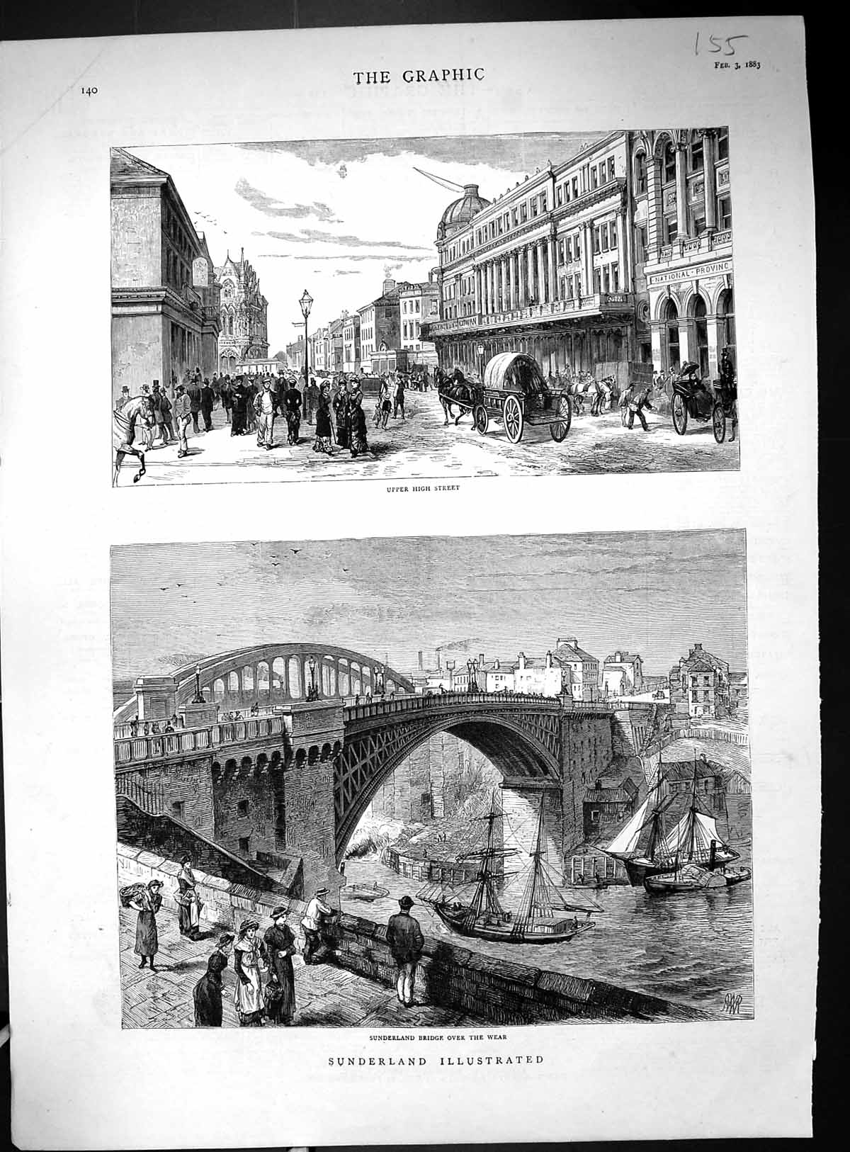 Antique Print 1883 Sunderland Bridge River Wear Upper High Street Transport
