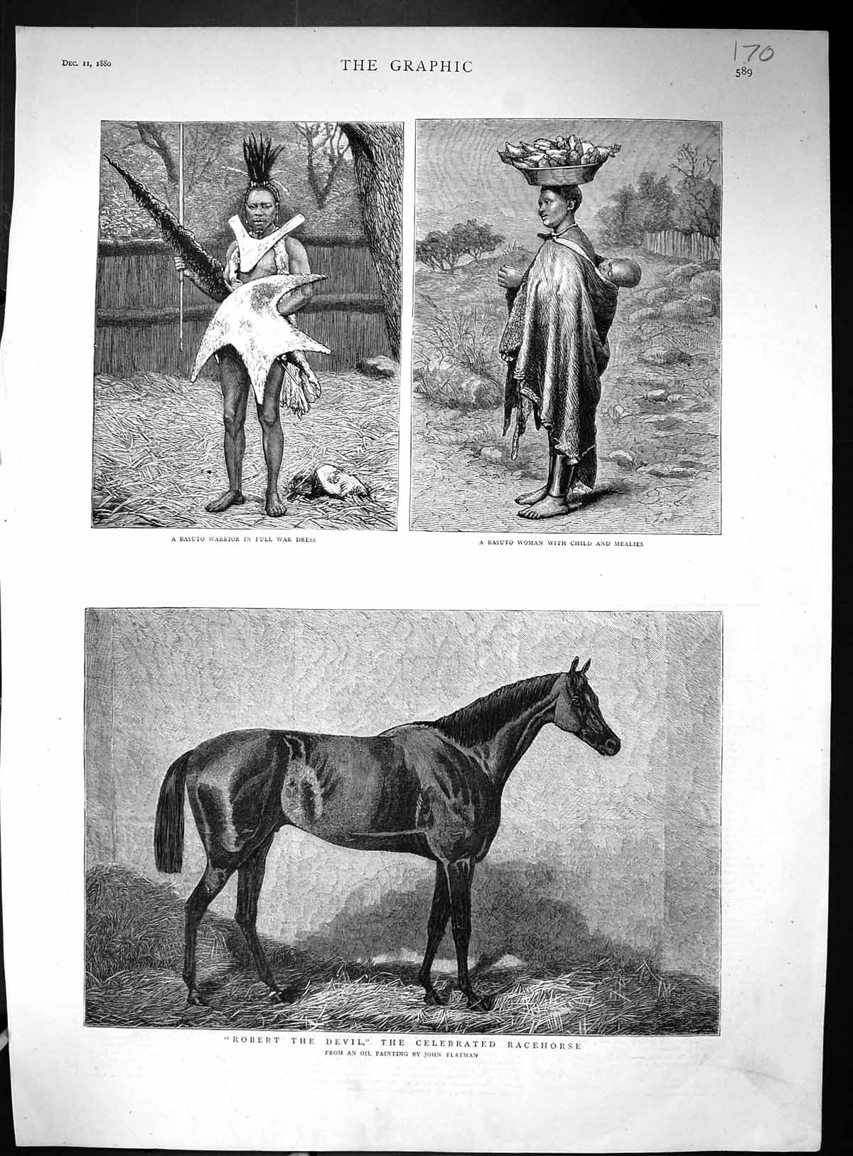 Old Print 1880 Robert Devil Race Horse Basuto Warrior Woman Child Mealies 19th