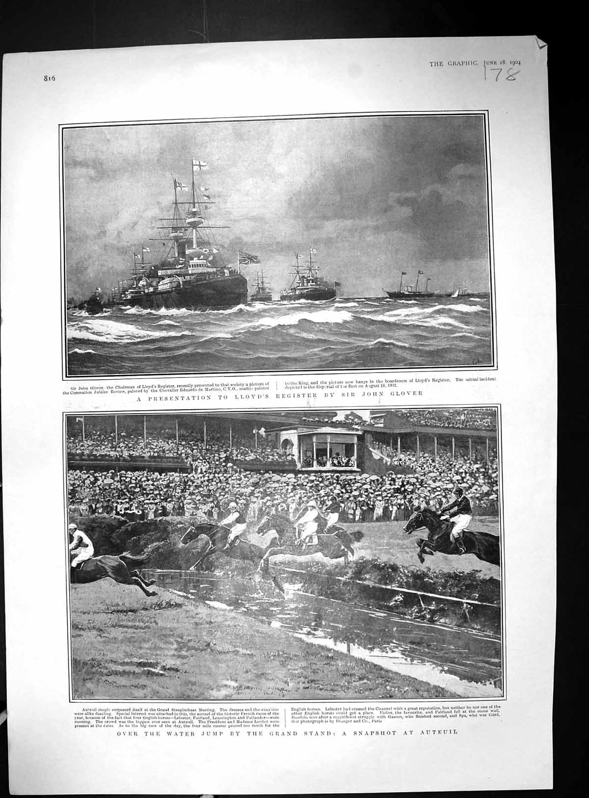 Old Glover Lloyd'S Register Ships 1904 Water Jump Steeplechase Horse 20th