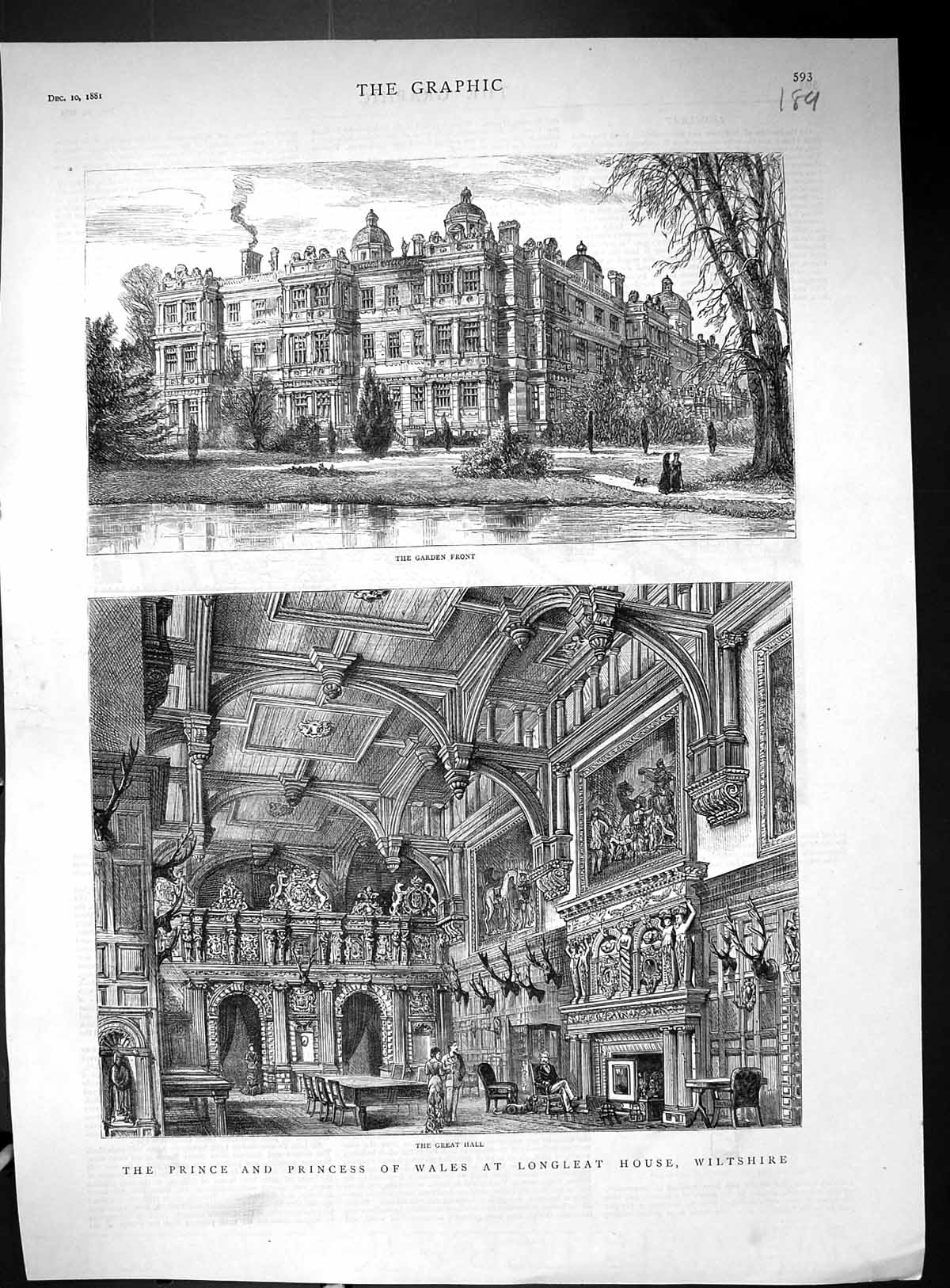 Antique Print 1881 Prince Wales Longleat House Wiltshire Garden Great Hall 19th