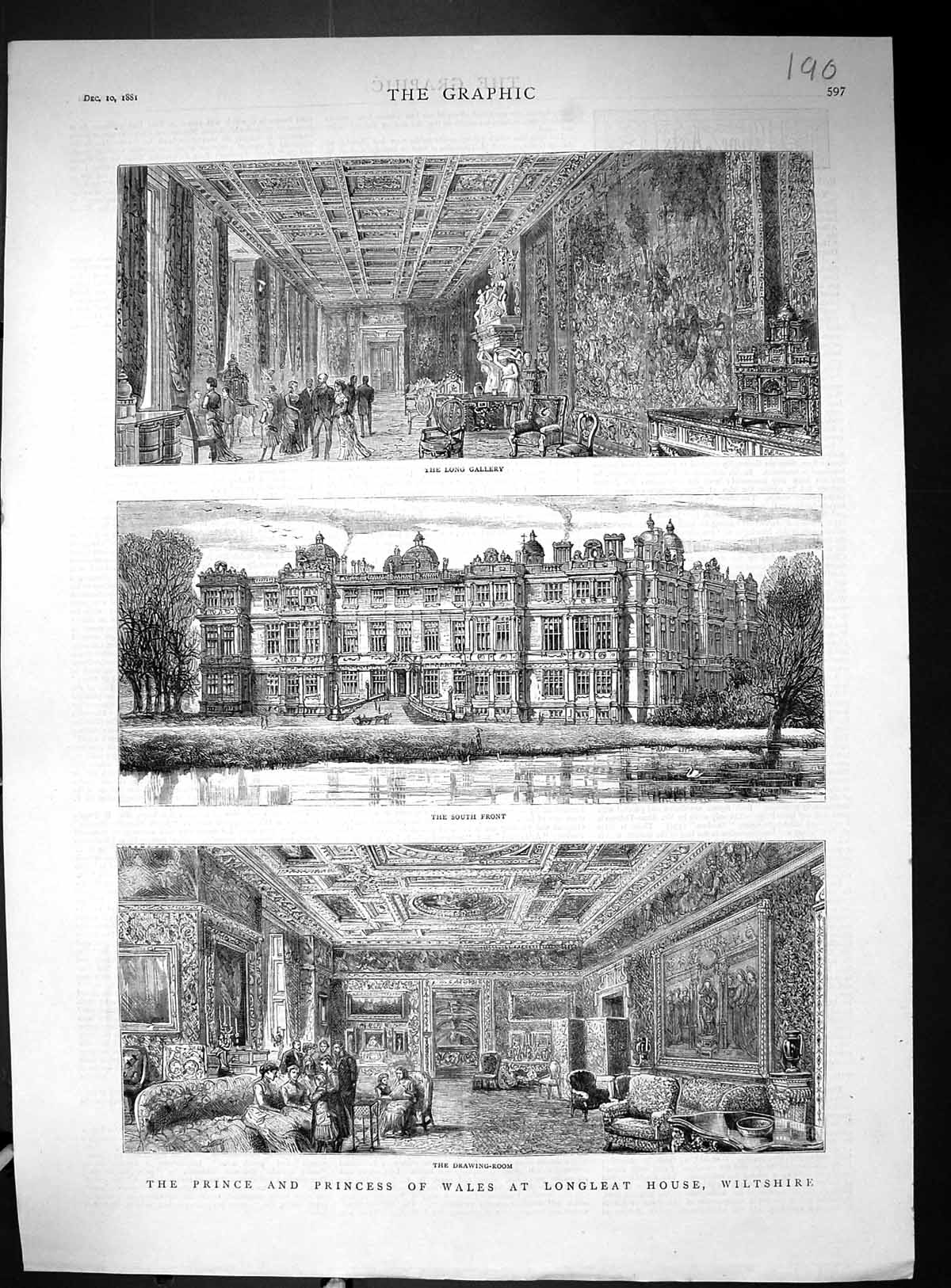 Old Print 1881 Prince Wales Longleat House Wiltshire Long Gallery Drawing 19th