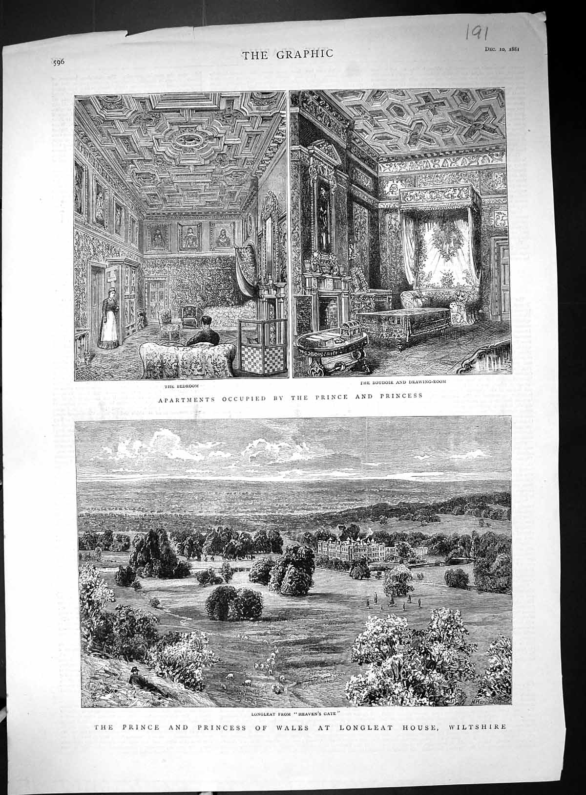 Antique Old Print 1881 Prince Wales Longleat House Wiltshire Boudoir Bedroom