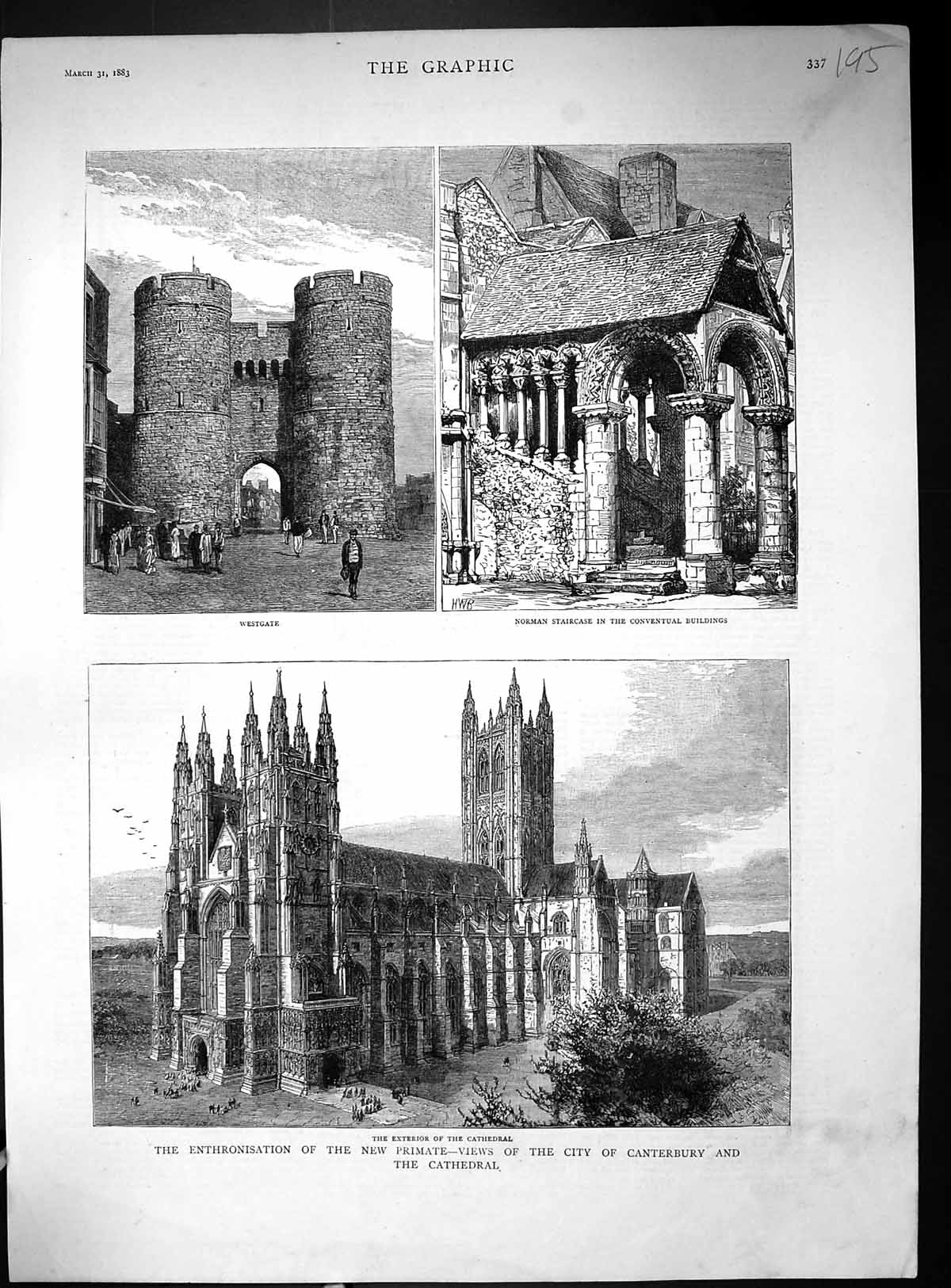 Antique Old Print 1883 Canterbury Cathedral Primate Westgate Norman Staircase