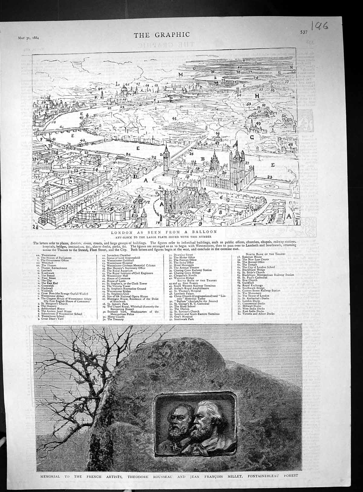 Old Memorial French Artists Theodore Rousseau Millet 1884 Key-Block V Victorian