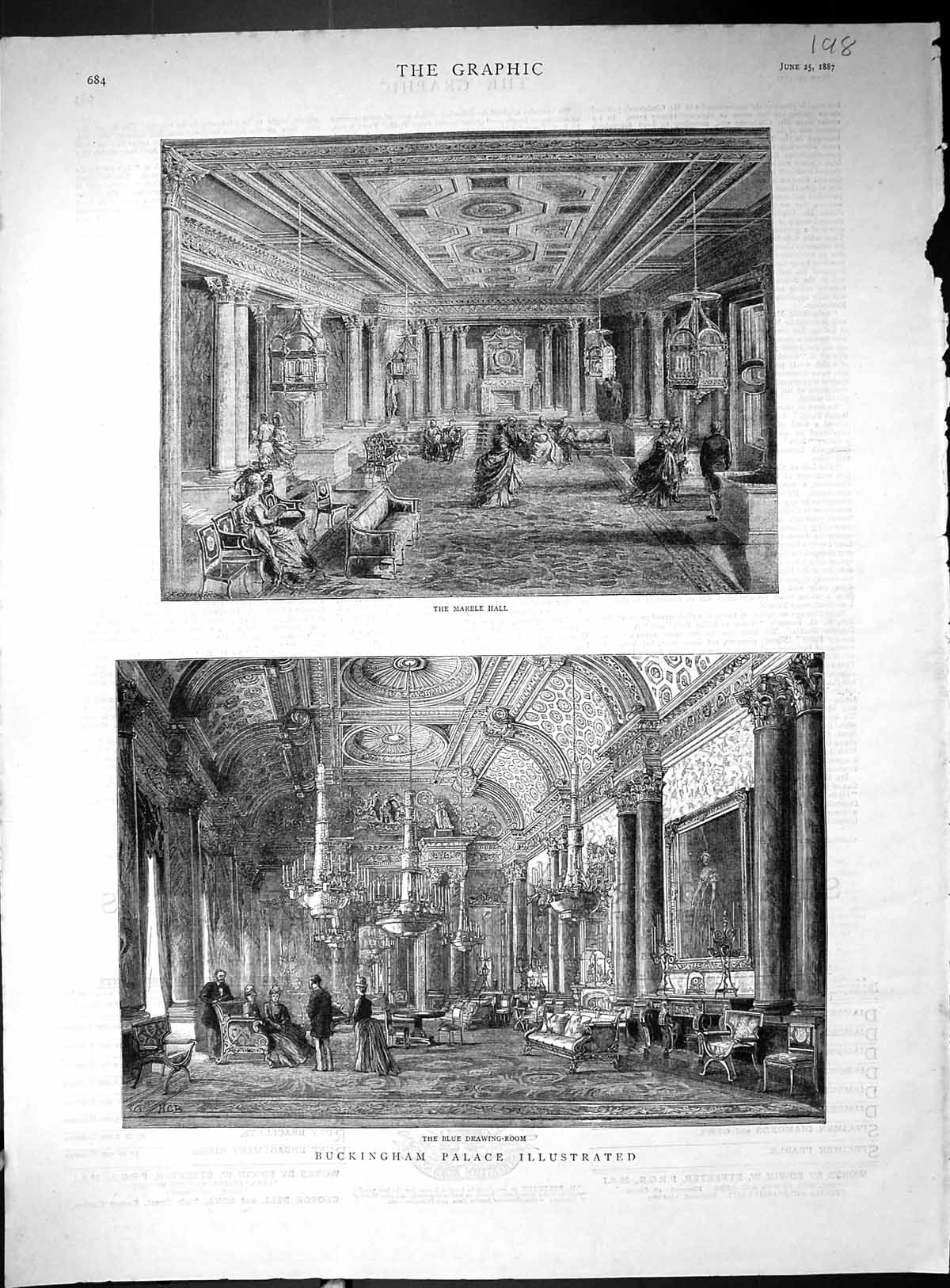 Antique Old Print 1887 Buckingham Palace London Marble Hall Blue Drawing Room