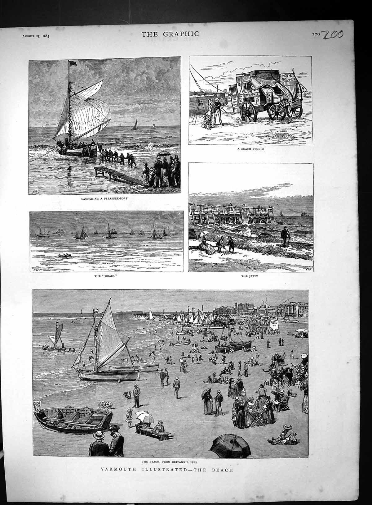 Antique Print Yarmouth 1883 Beach Britannia Pier Jetty Pleasure Boats Beach
