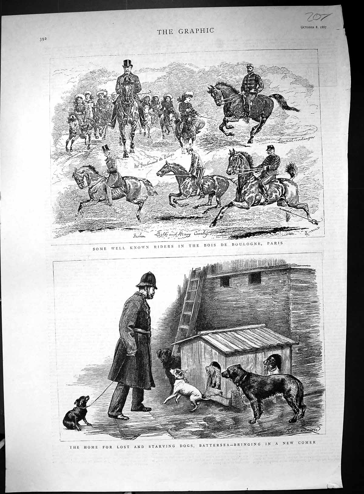 Antique Print 1887 Battersea Dogs Home Horse Riders Bois De Boulogne Paris 19th