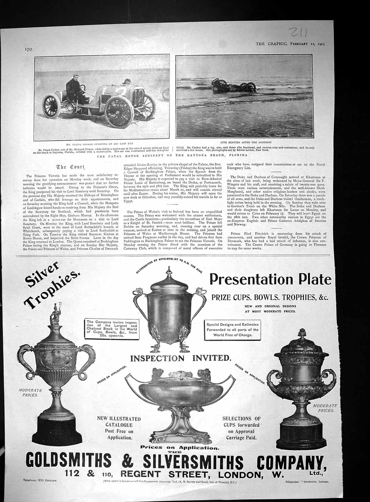 Antique Old Print 1905 Frank Croker Car Crash Daytona Beach Florida Gsmith 20th