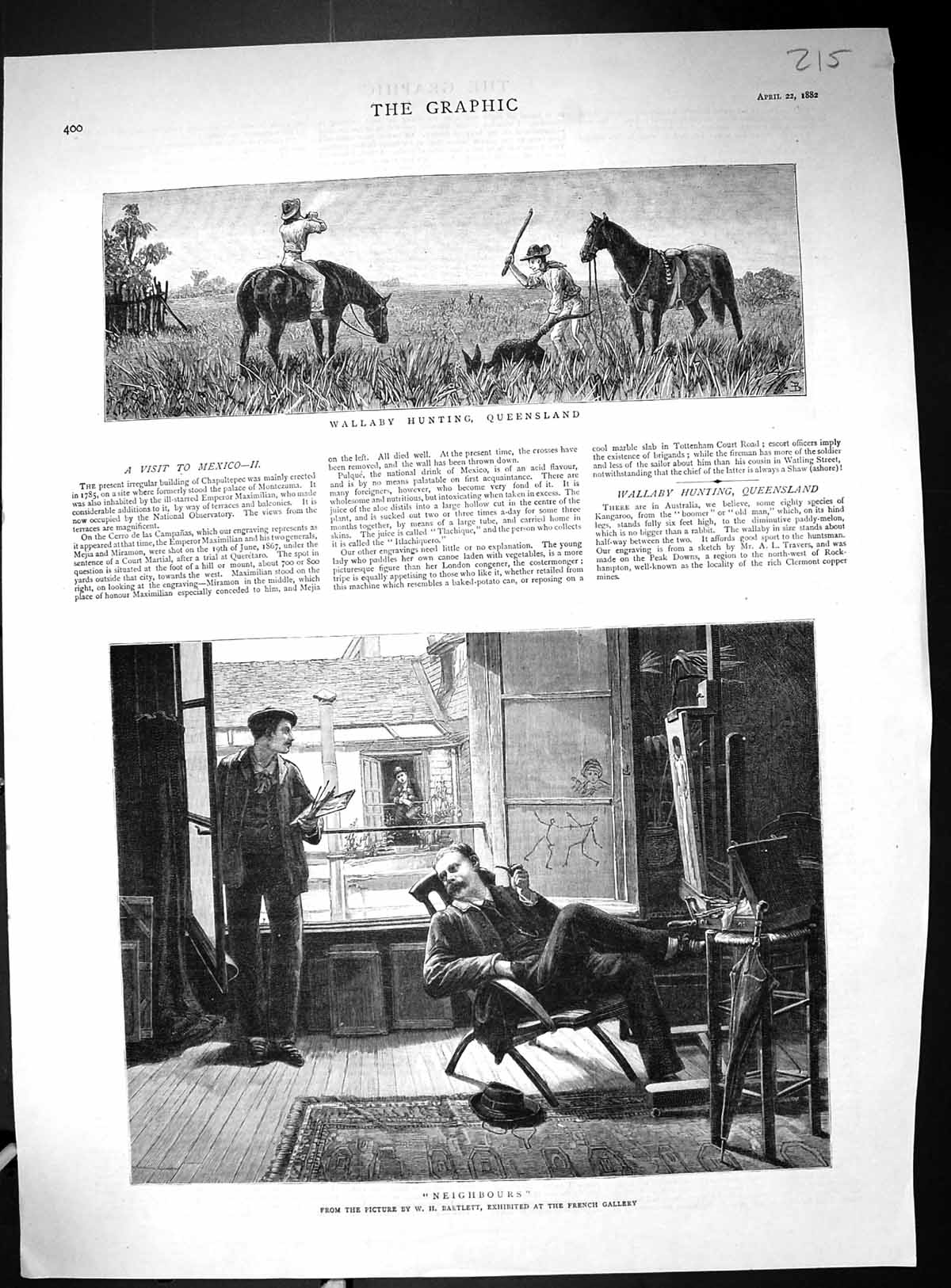 Antique Old Print 1882 Wallaby Hunting Queensland Australia Neighbours Houses