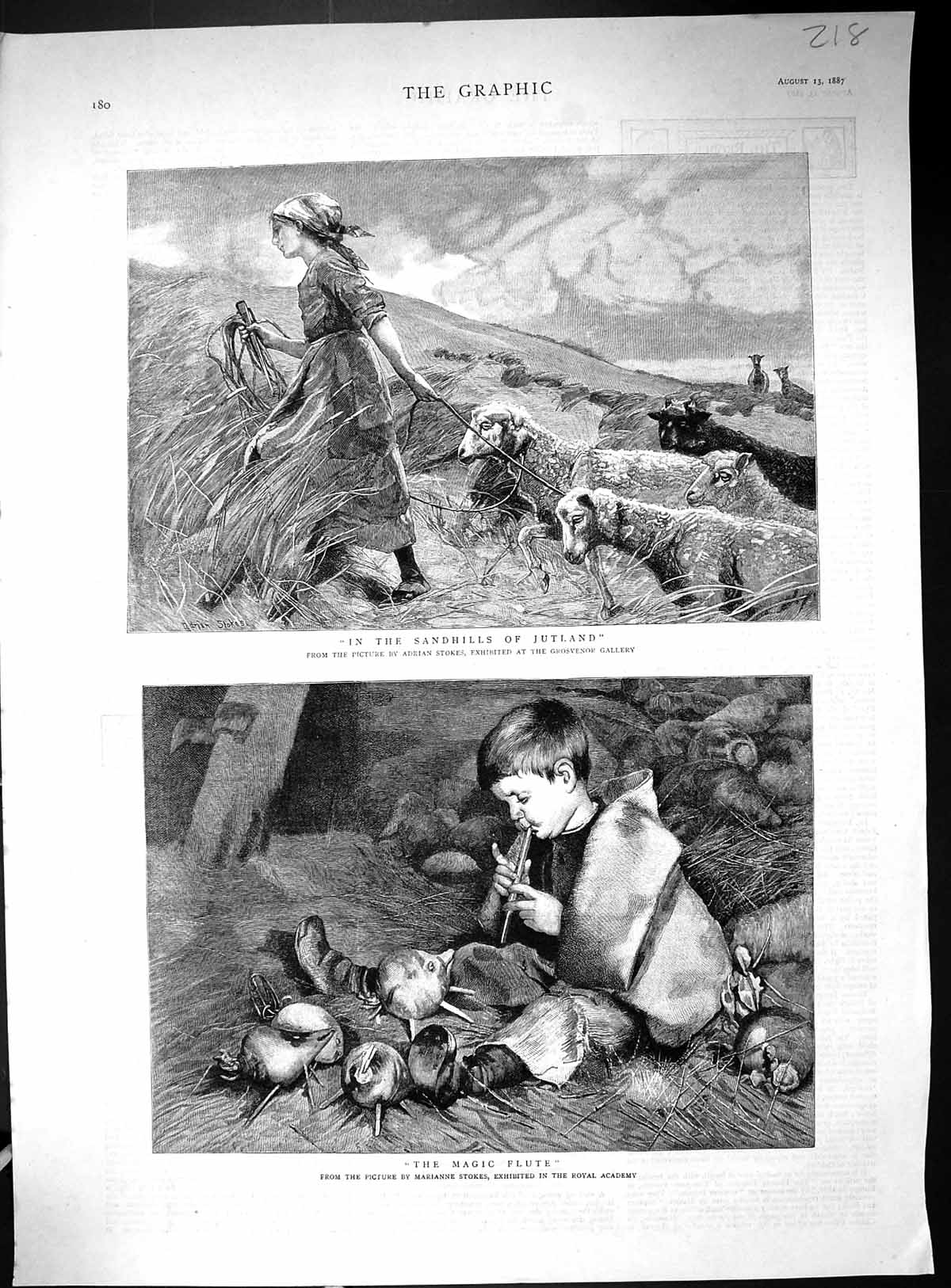 Old Print 1887 Magic Flute Little Boy Sandhills Jutland Sheep Shepherdess 19th