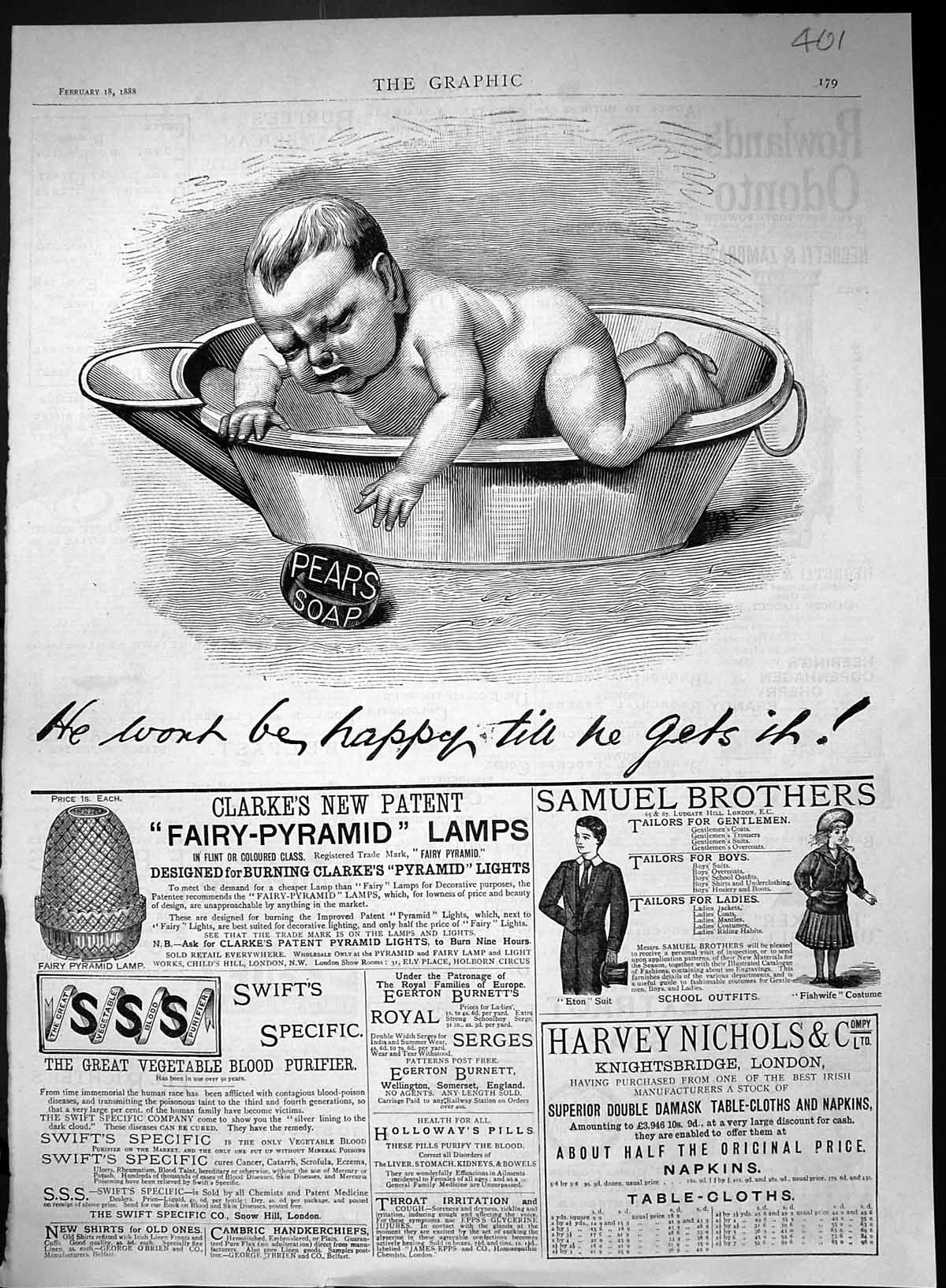 Old Print 1888 Pears Soap Harvey Nichols Clarkes Lamps Rowlands Negretti 19th