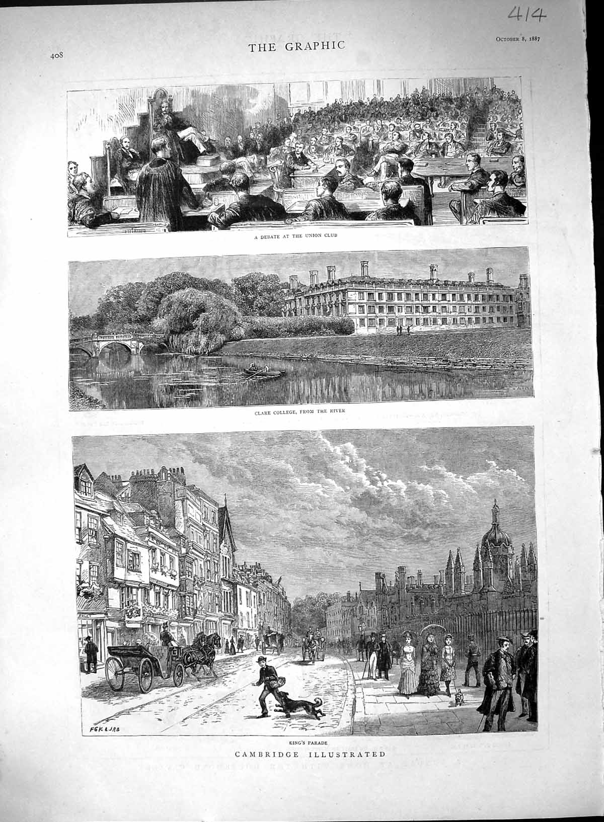 Old Print 1887 Cambridge Union Club Clare College King'S Parade HousehC 19th
