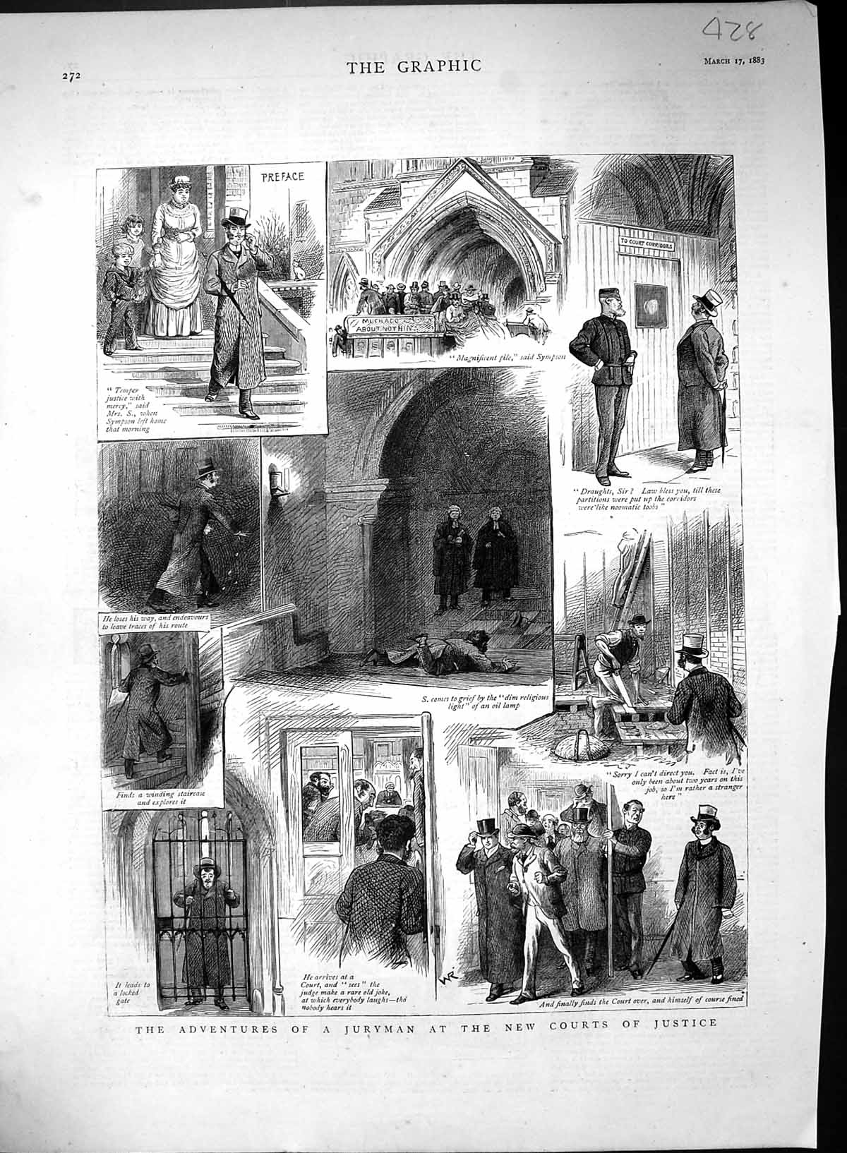 Antique Old Print Scene Juryman Courts Justice Parliament Architecture 1883
