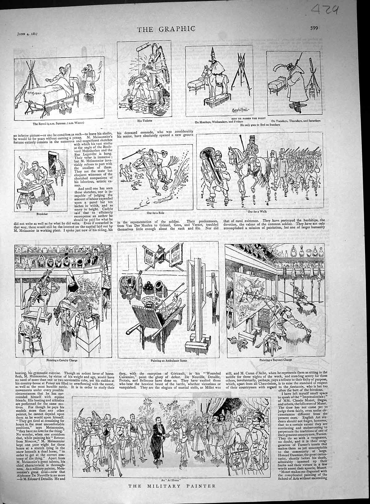 Antique Old Print 1887 Military Painter Siers War Comedy Sketch Orientalist