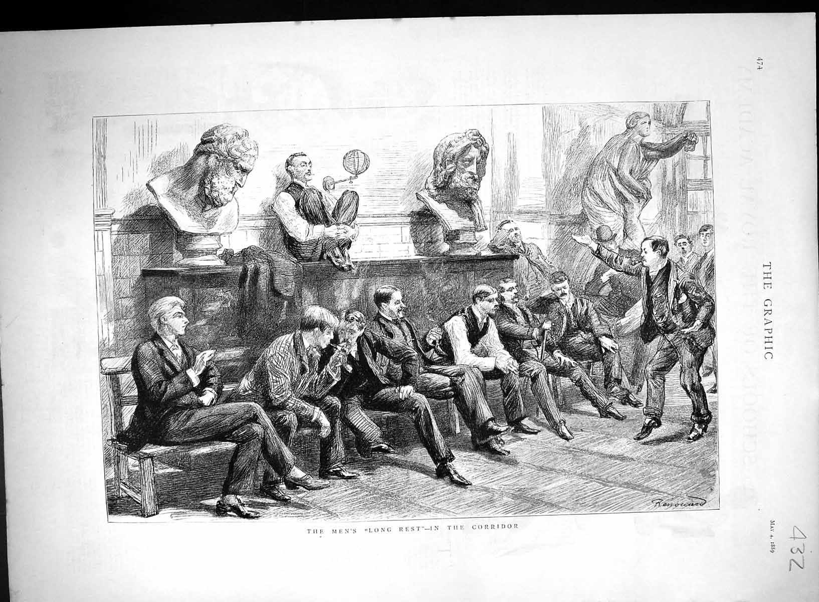 Old Antique Print 1889 Men Long Rest Corridor Renouard Royal Academy Art 19th