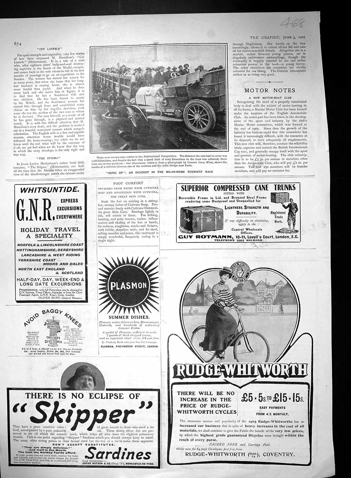 Old 1905 Milan Rome Tourists Race Advert Rudge-Whitworth Sardines Eno 20th