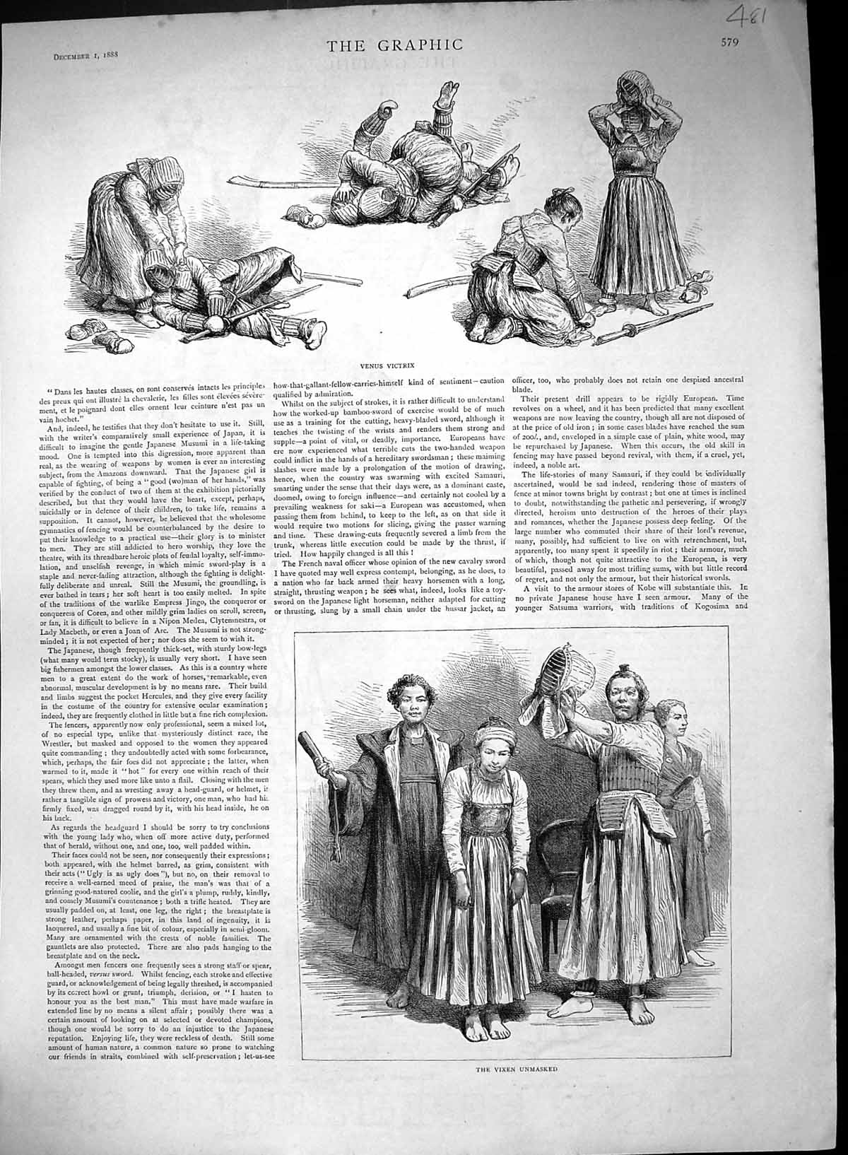Old Print 1888 Sword Japan Venus Victrix Vixen Unmasked BlindfFencing M 19th