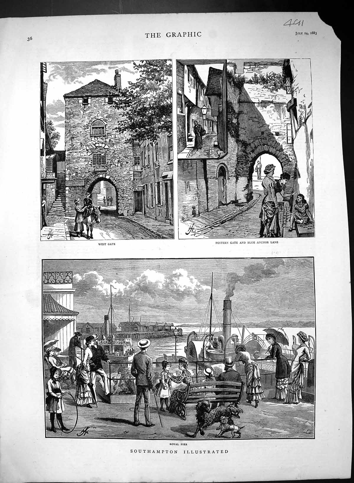 Old Print 1883 Southampton West Gate Postern Blue Anchor Lane Royal Pier 19th