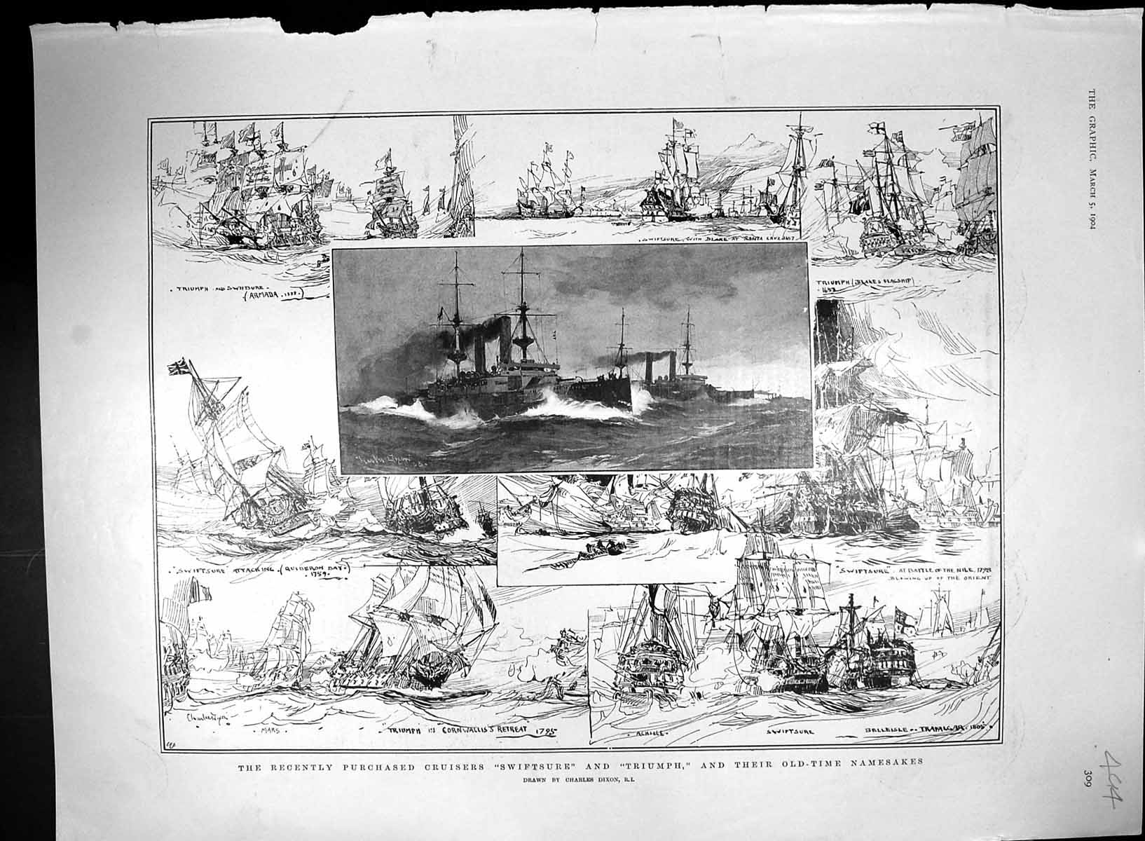 Old 1904 Cruisers Ships Swiftsure Triumph Cornwallis Achille Wyllie W 20th
