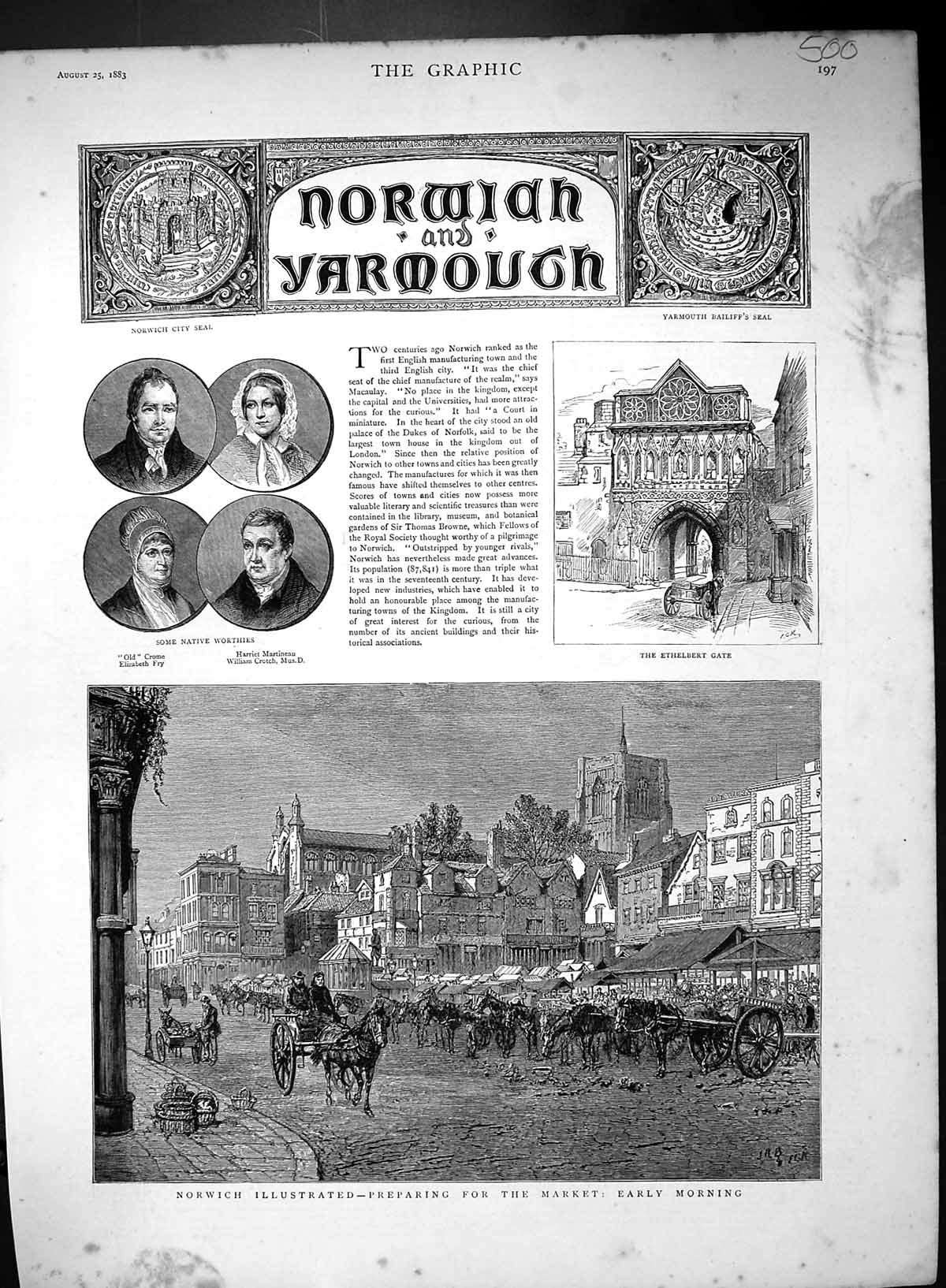 Old 1883 Norwich Market Ethelbert Gate Elizabeth Fry Crotch Martineau 19th