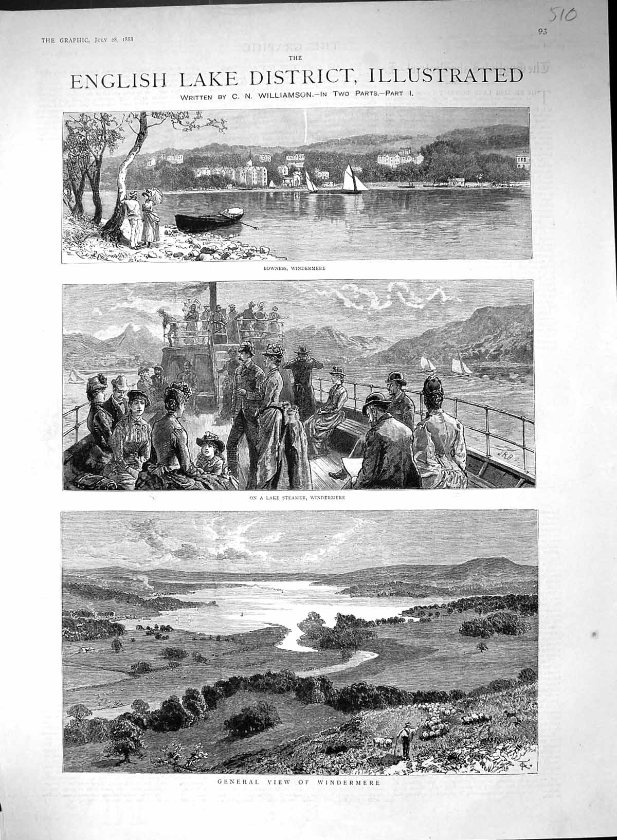 Old 1888 View Windermere Lake Steamer Bowness Lake District Martineau 19th