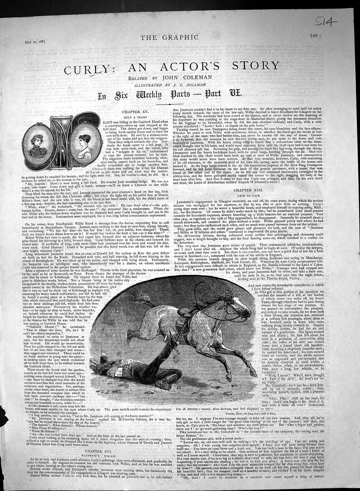 Old Antique Print 1885 Man Fallen Bucking Horse Illustration Graveside 19th