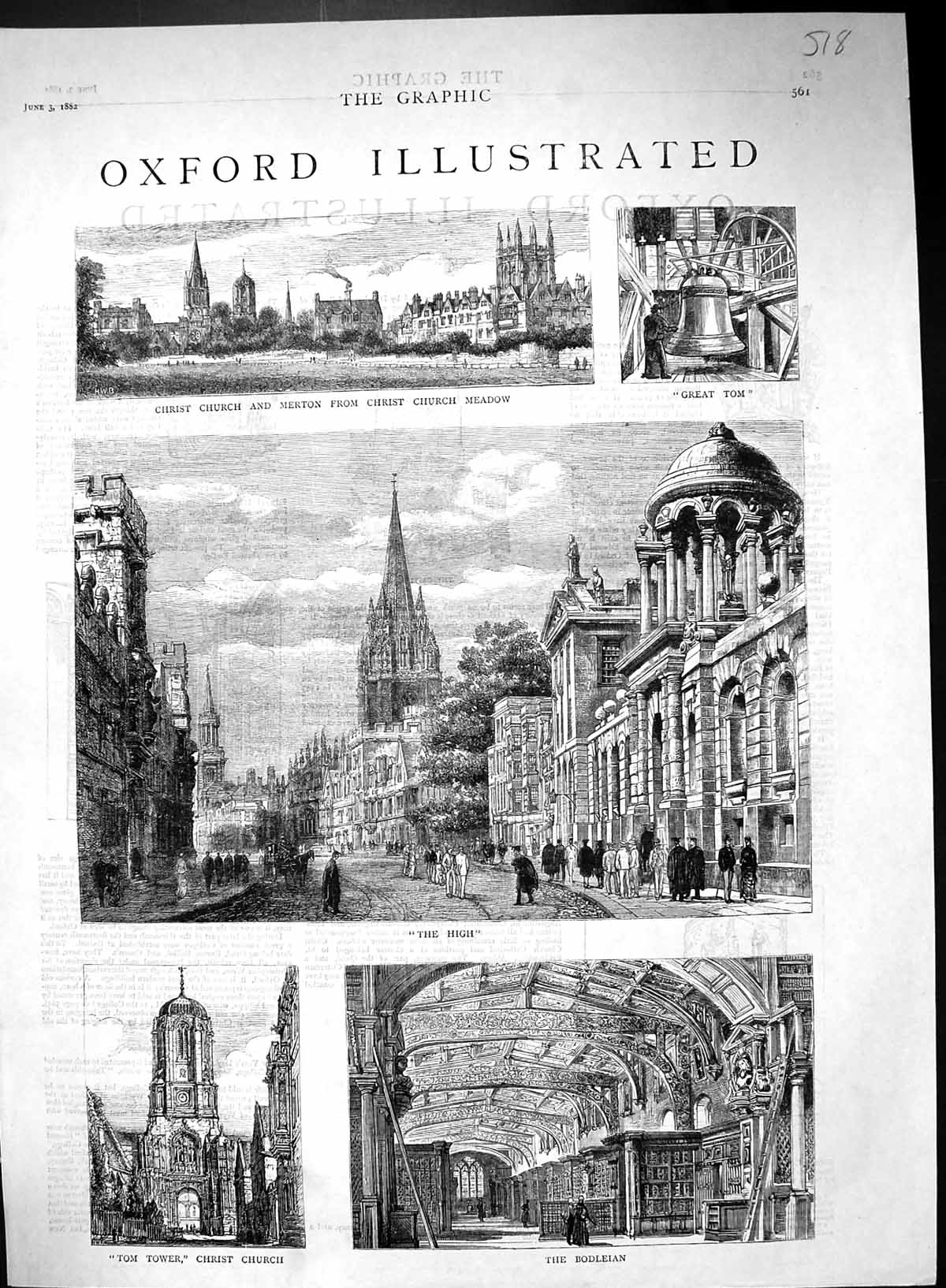 Old 1882 Oxford Christ Church Merton Great Tom Tower Bell Castle Rewl 19th