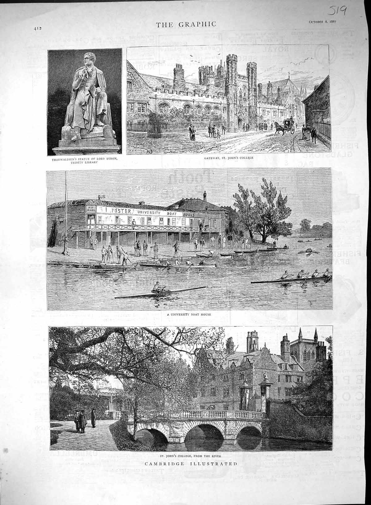 Old 1887 Cambridge John'S College University Boat House Thorwaldsen B 19th