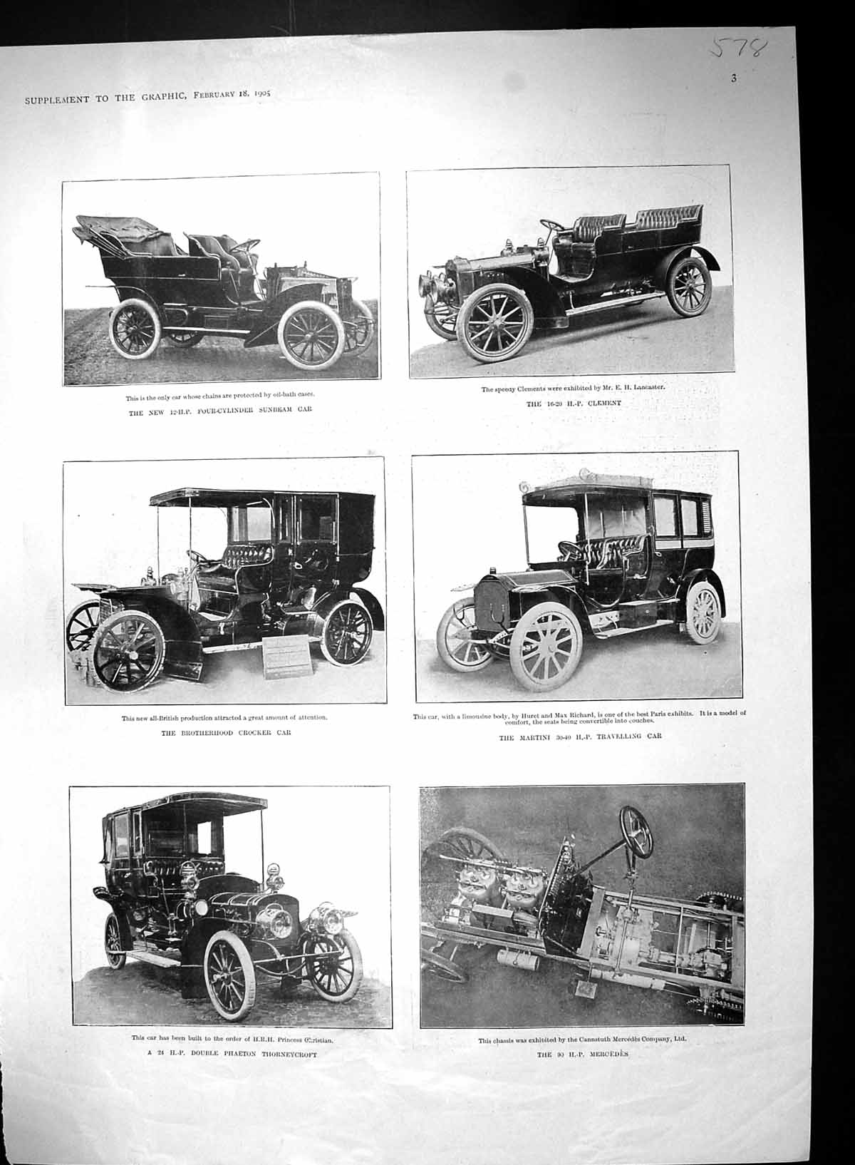 Old 1905 Motor Car Sunbeam Clement Martini Crocker Mercedes Phaeton O 20th