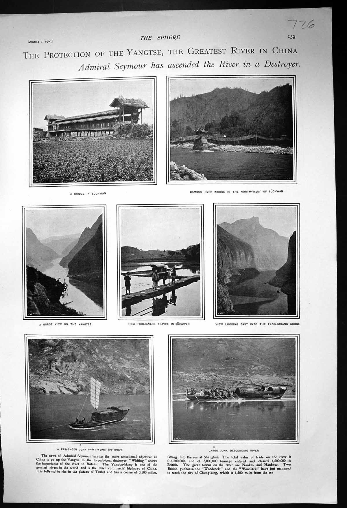 Old 1900 Yangtse Admiral Seymour Suchwan Cargo Junk Chichen Fengluh L 20th