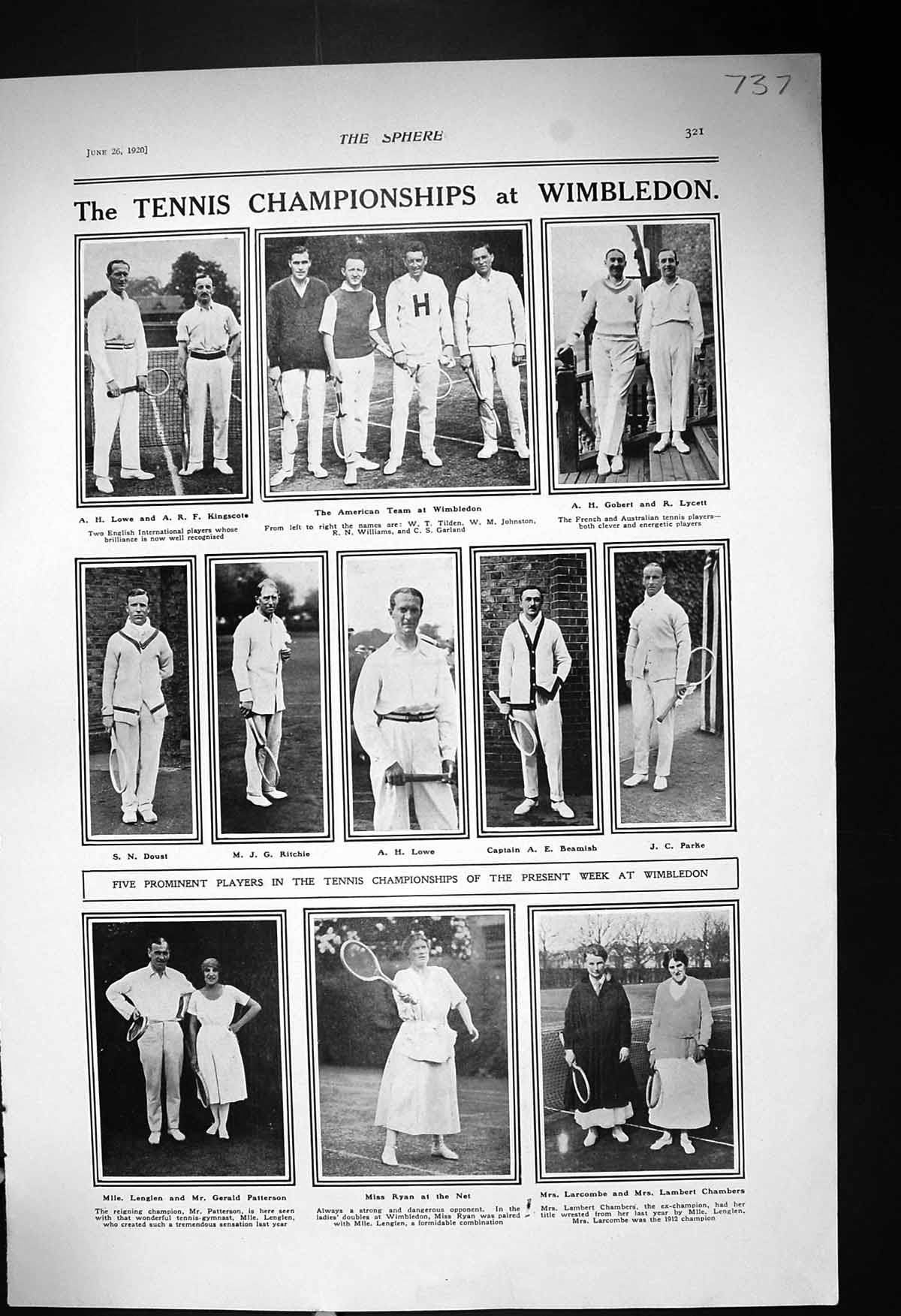 Old 1920 Tennis Wimbledon Lowe Beamish Parke Doust Ryan Lenglen Lambe 20th