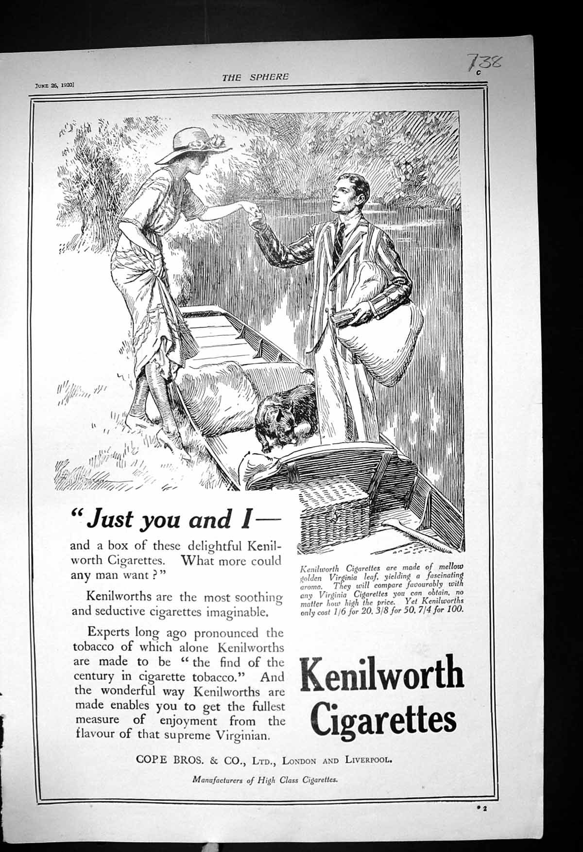 Old Print 1920 Kenilworth Cigarettes Cope London Idris Lime Juice Meltis 20th