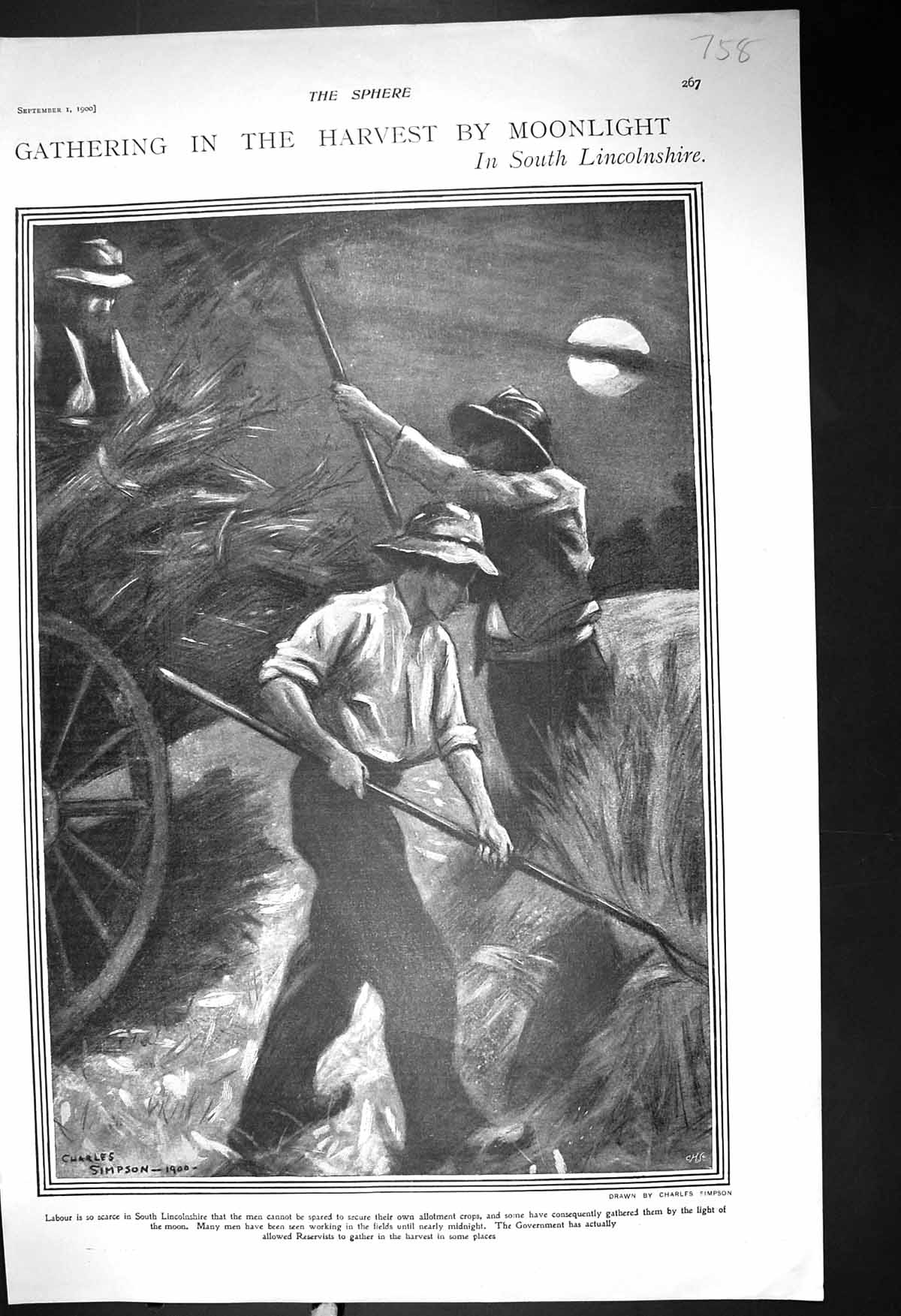Old 1900 Gathering Harvest Moonlight Lincolnshire Monument Oliver Gol 20th