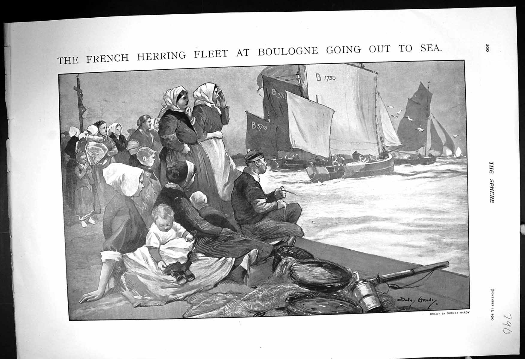Old 1900 French Herring Fleet Fishing Boats Boulogne Man Lady Romance 20th