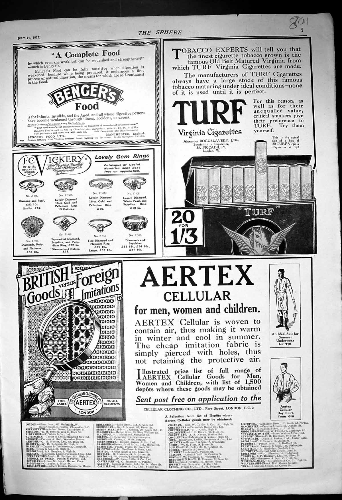 Antique Print 1917 Benger'S Food Aertex Cellular Apis Lea Perrins Robinson
