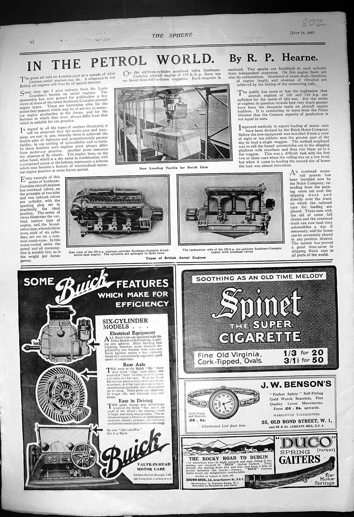 Old 1917 British Aerial Engines Buick Cigarette Bensons Jellicoe Cart 20th